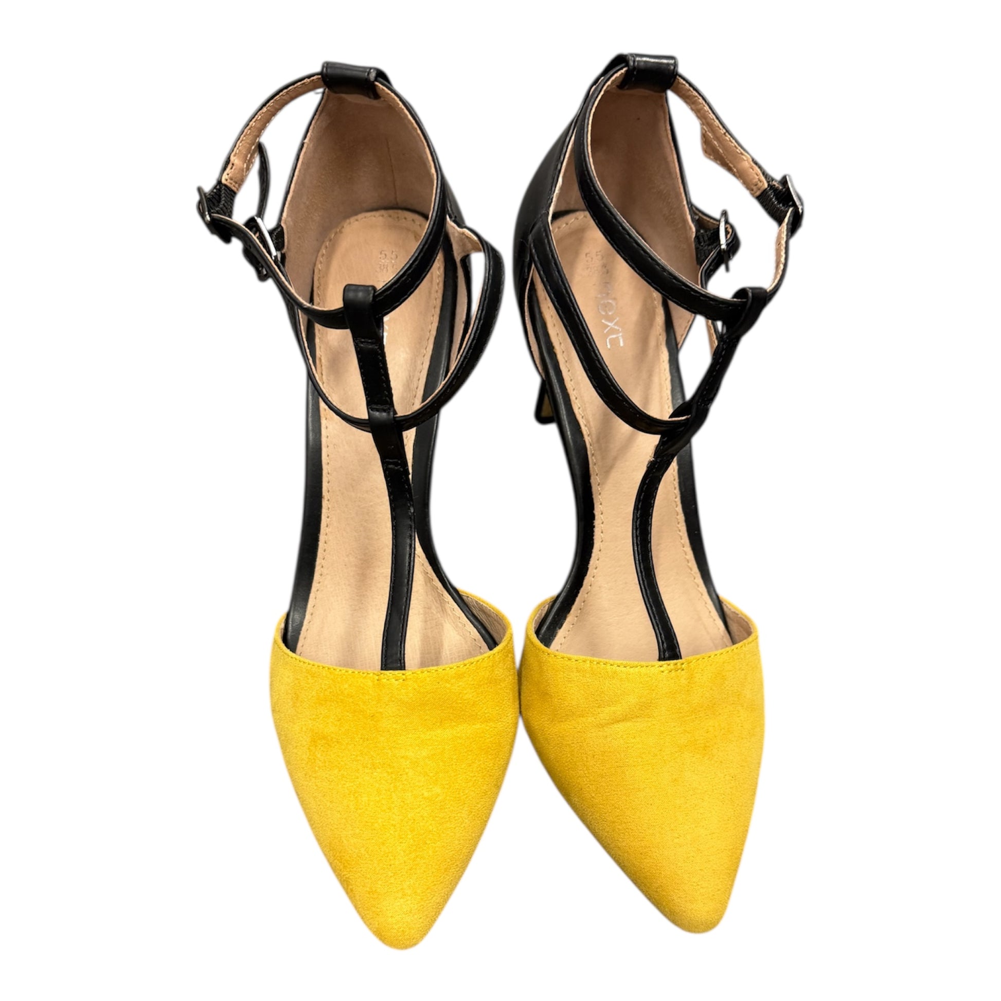 Next mustard and black double strap heels