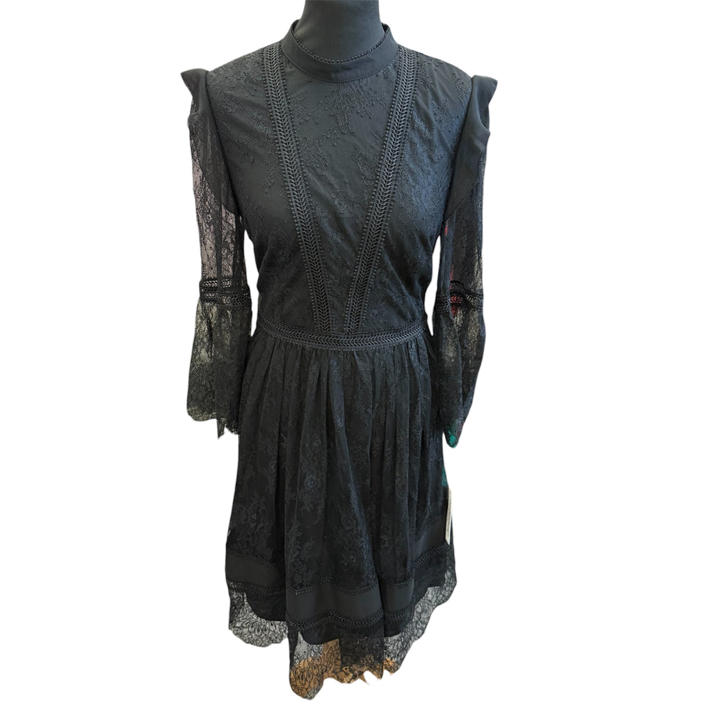 Monsoon black lace tiered long sleeve dress