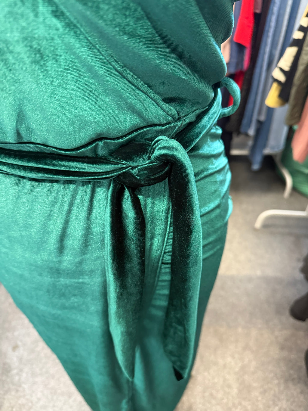 Green velour strappy wrap look dress