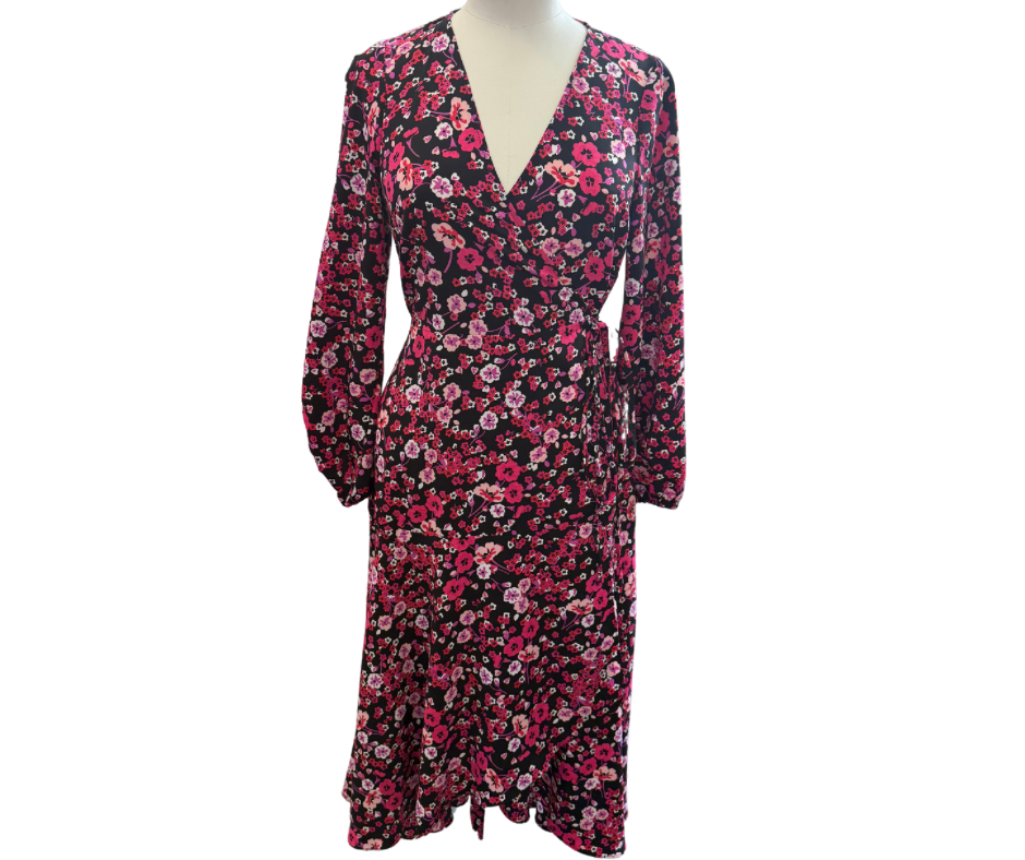 Floral long sleeved wrap midi dress