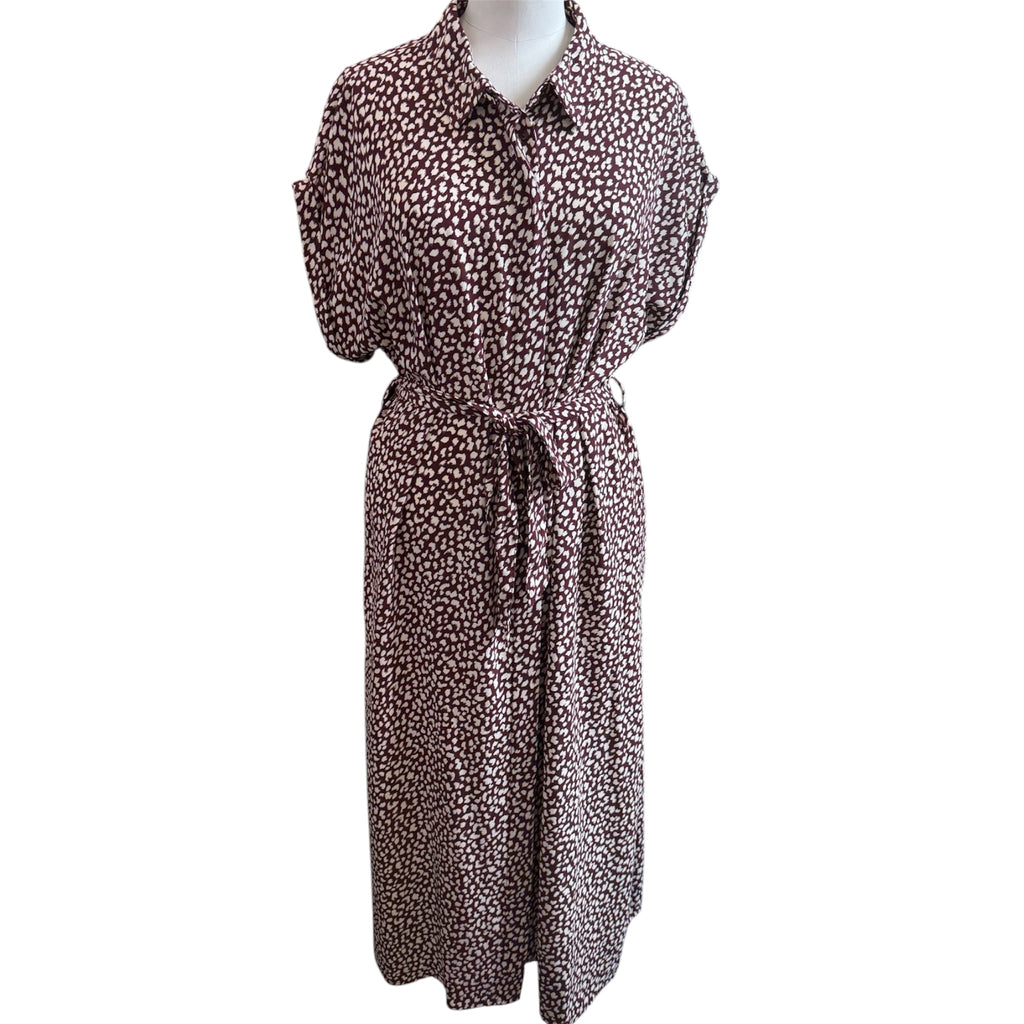 F&F burgundy animal print short sleeve belted maxi dress