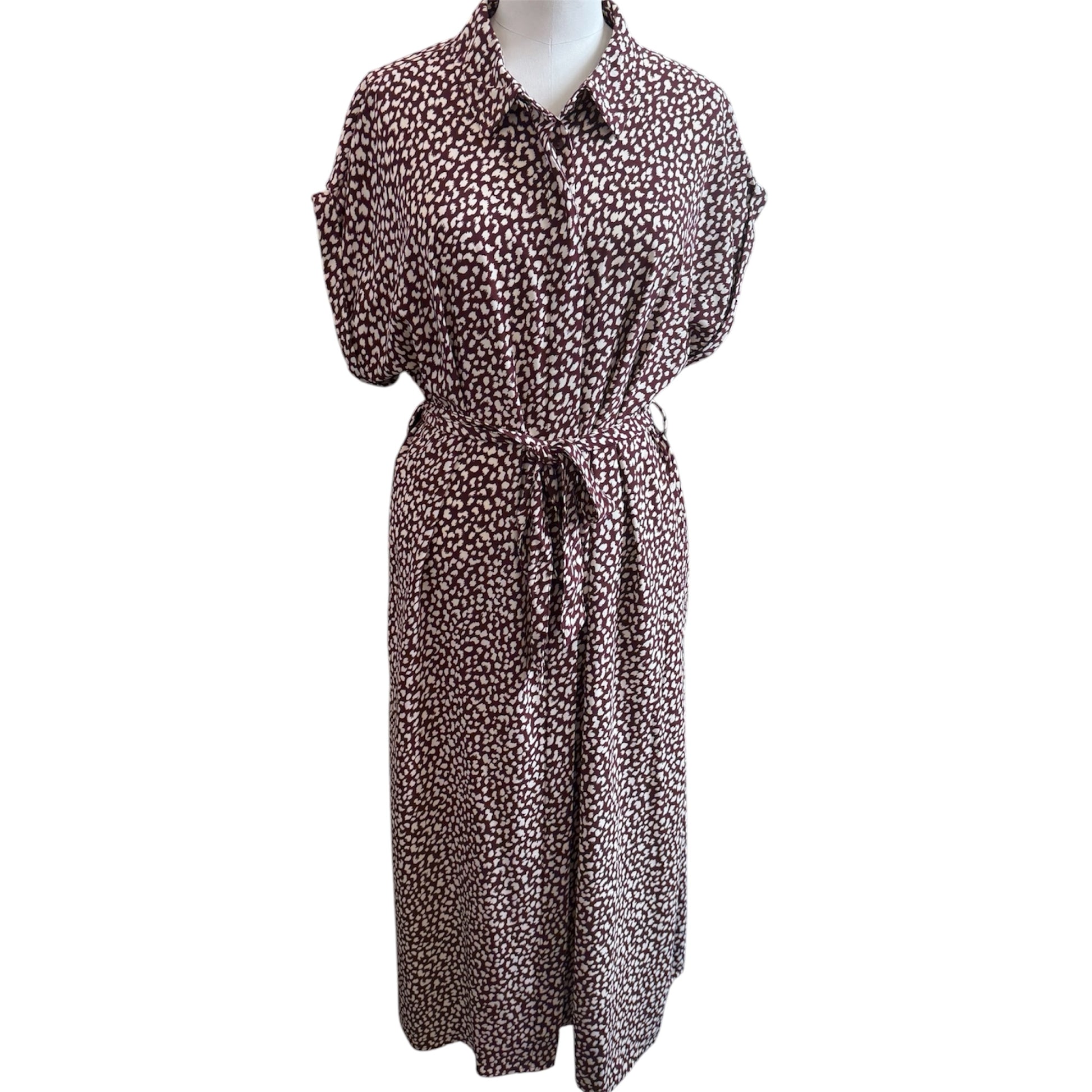 F&F burgundy animal print short sleeve belted maxi dress