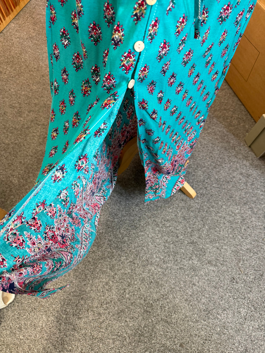 Teal paisley print button maxi dress