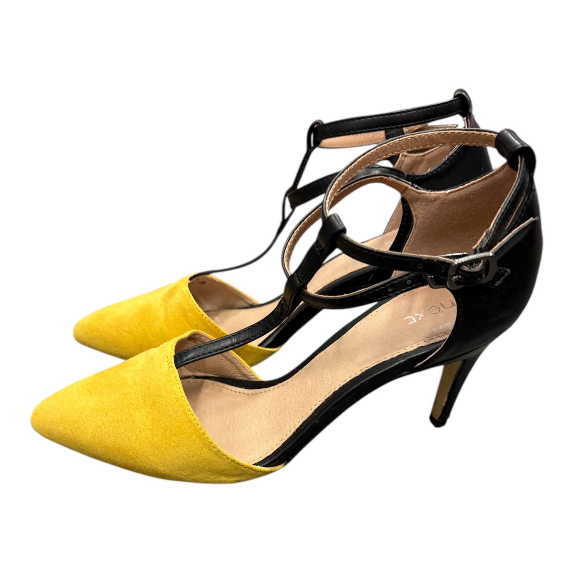 Next mustard and black double strap heels