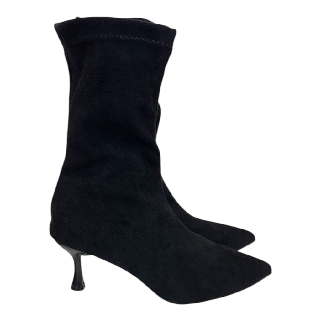 Black suede calf length heeled boots