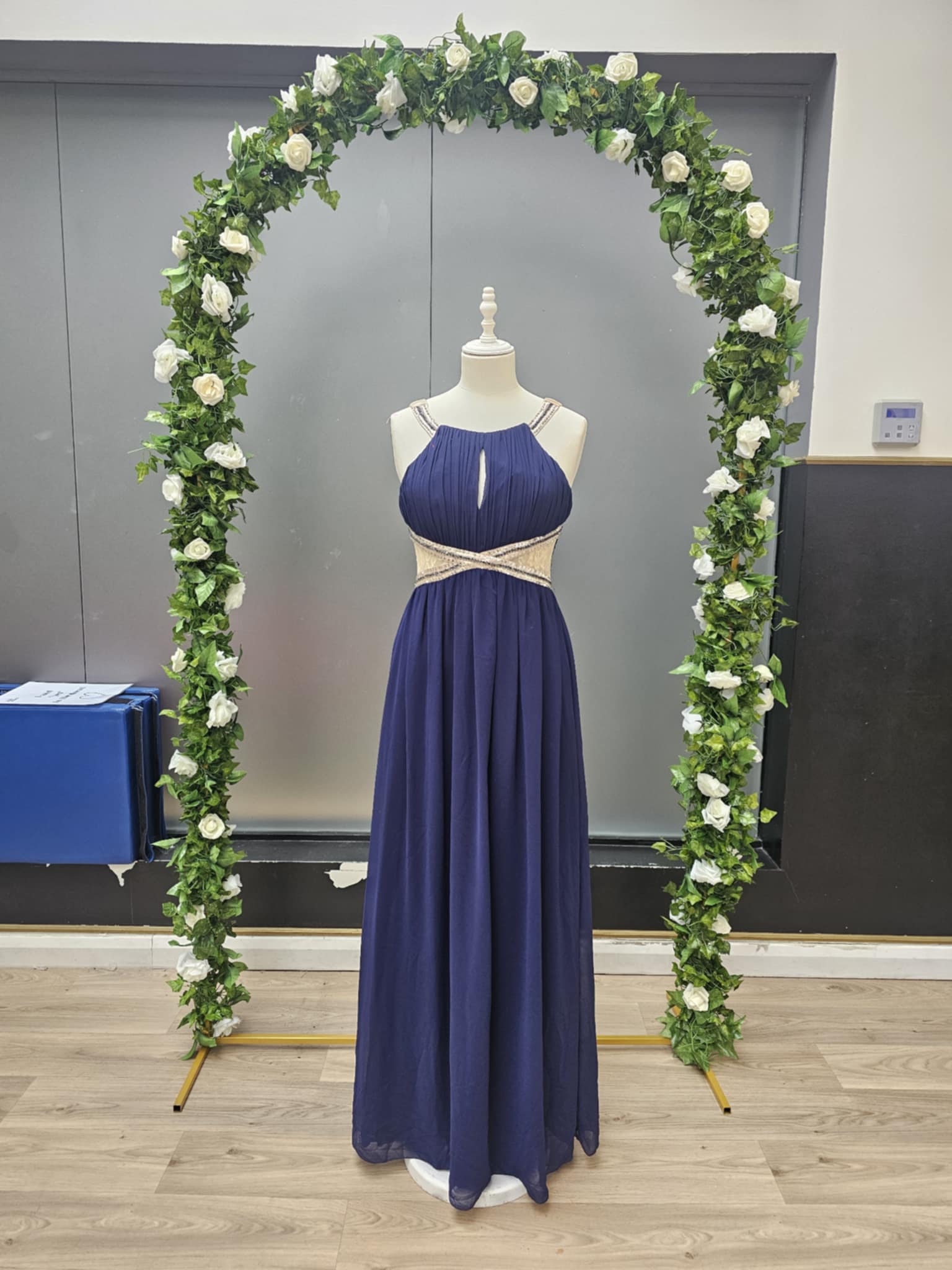 Navy and gold high neck full length dress