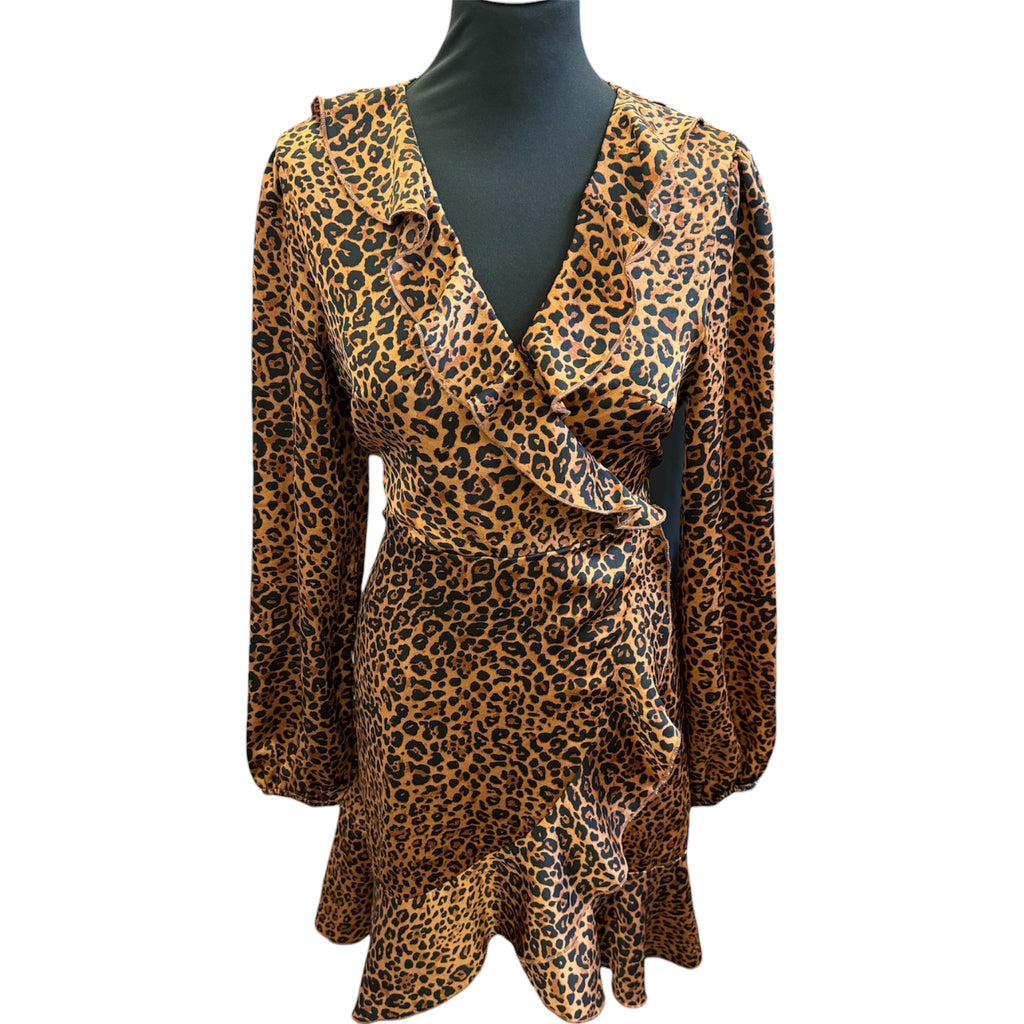 QED London animal print frill long sleeved dress