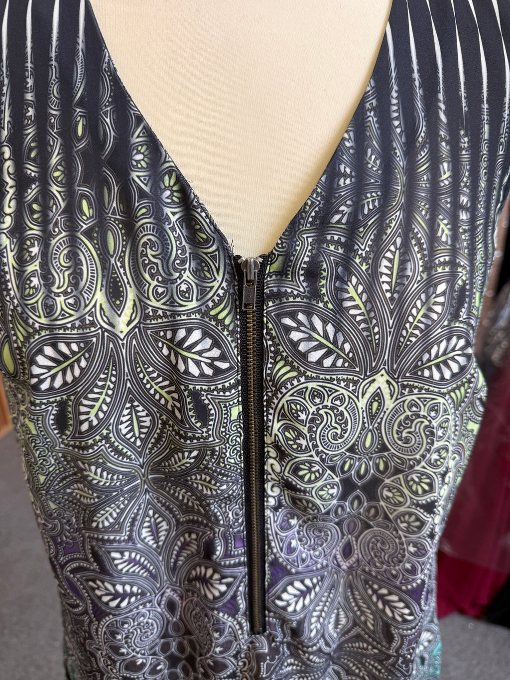 Warehouse print sleeveless zip blouse