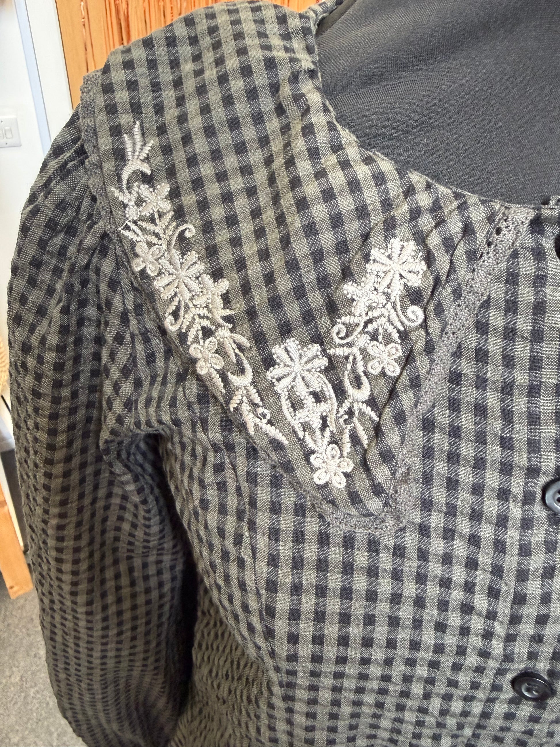 George embroidered collar detail gingham long sleeve blouse