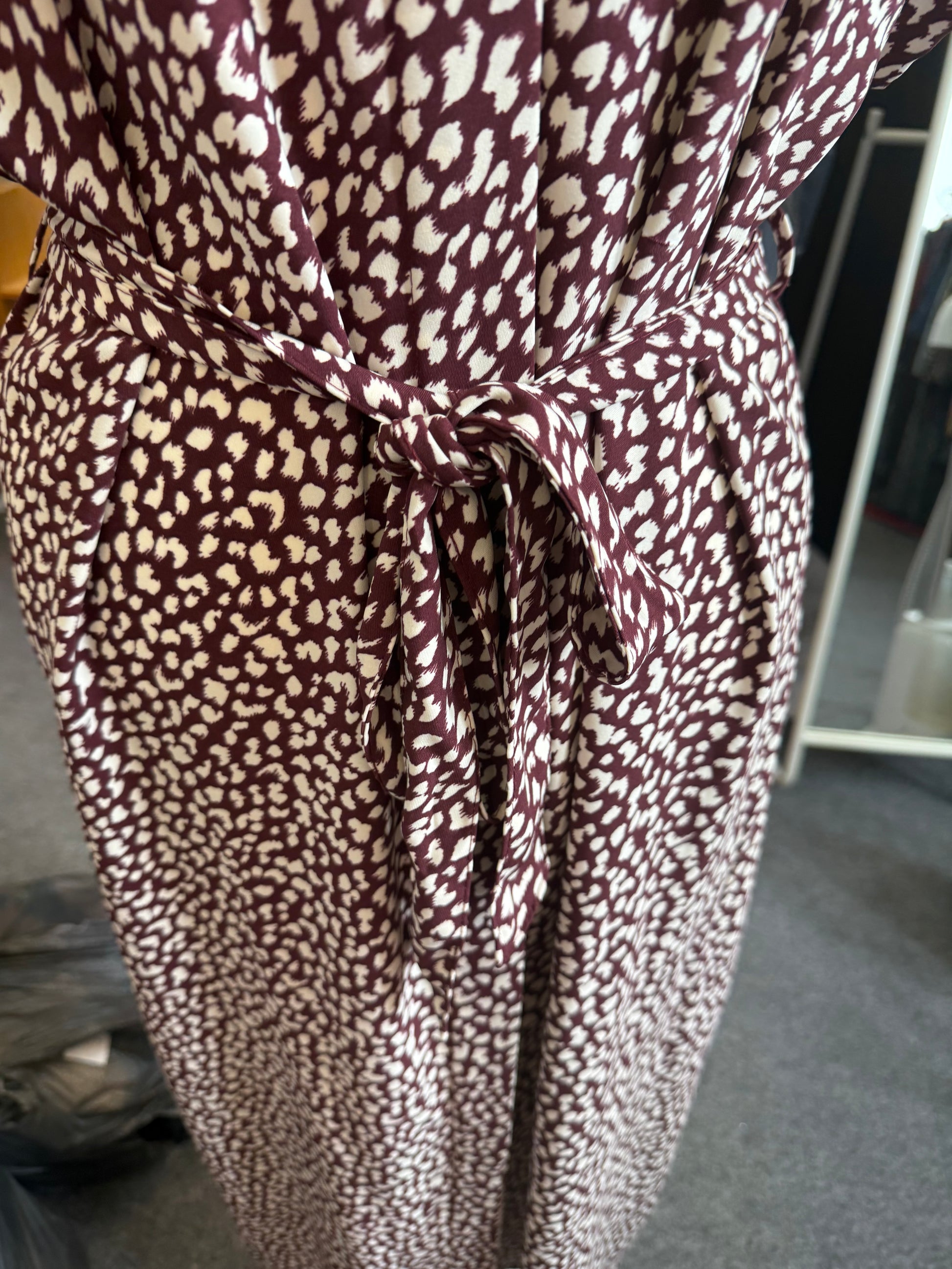F&F burgundy animal print short sleeve belted maxi dress