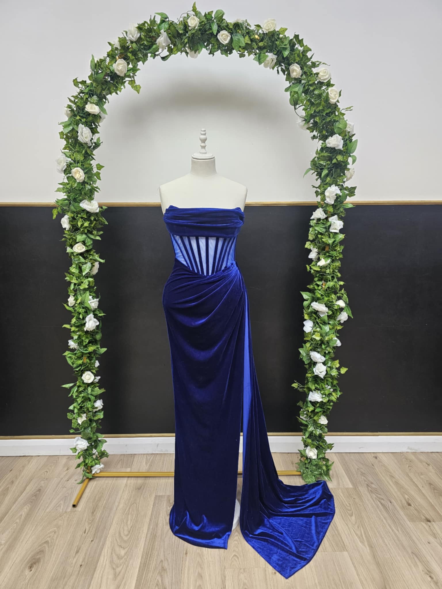 Deep blue velvet strapless dress