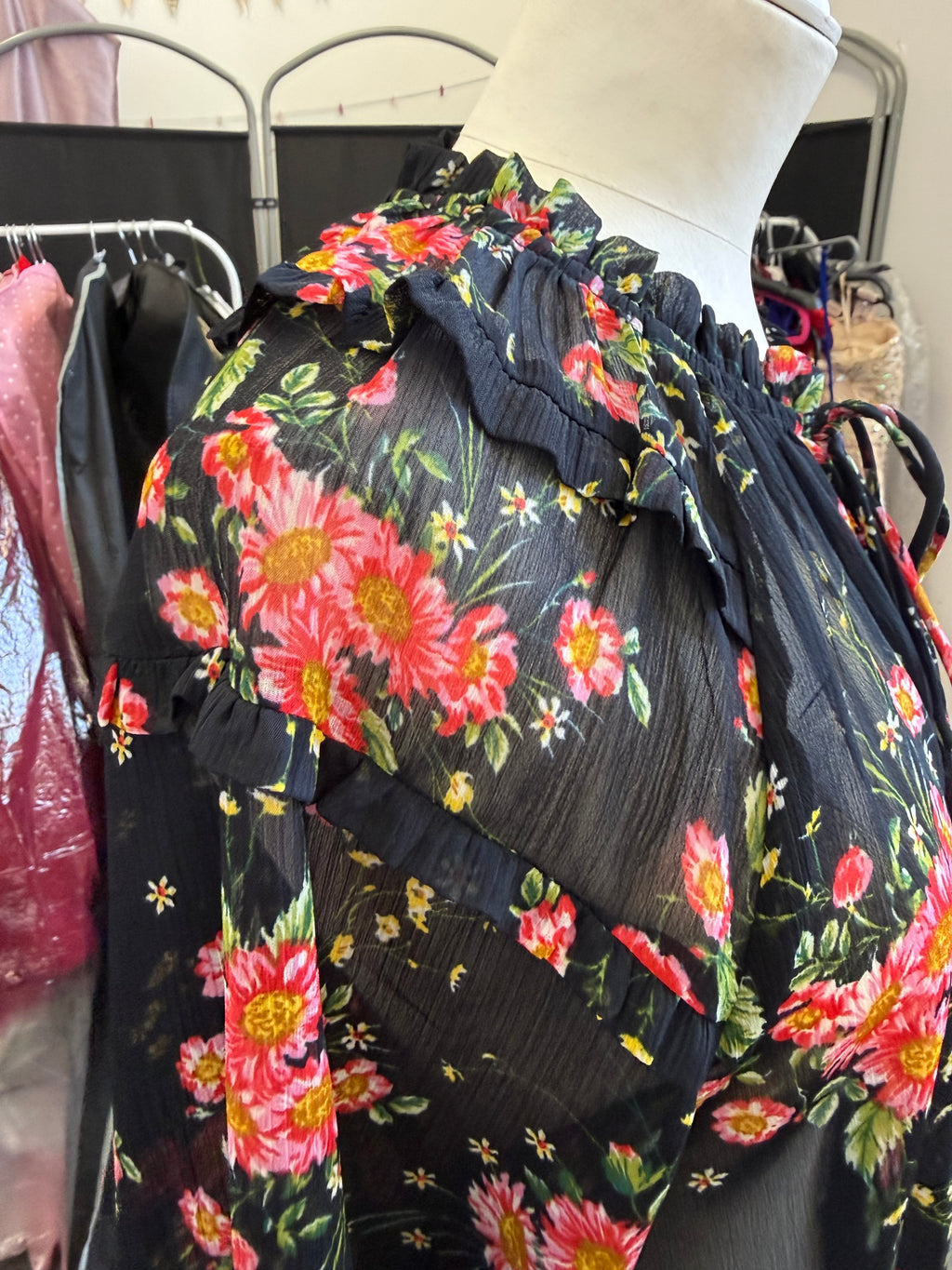 Friends Like These sheer floral high neck tie blouse