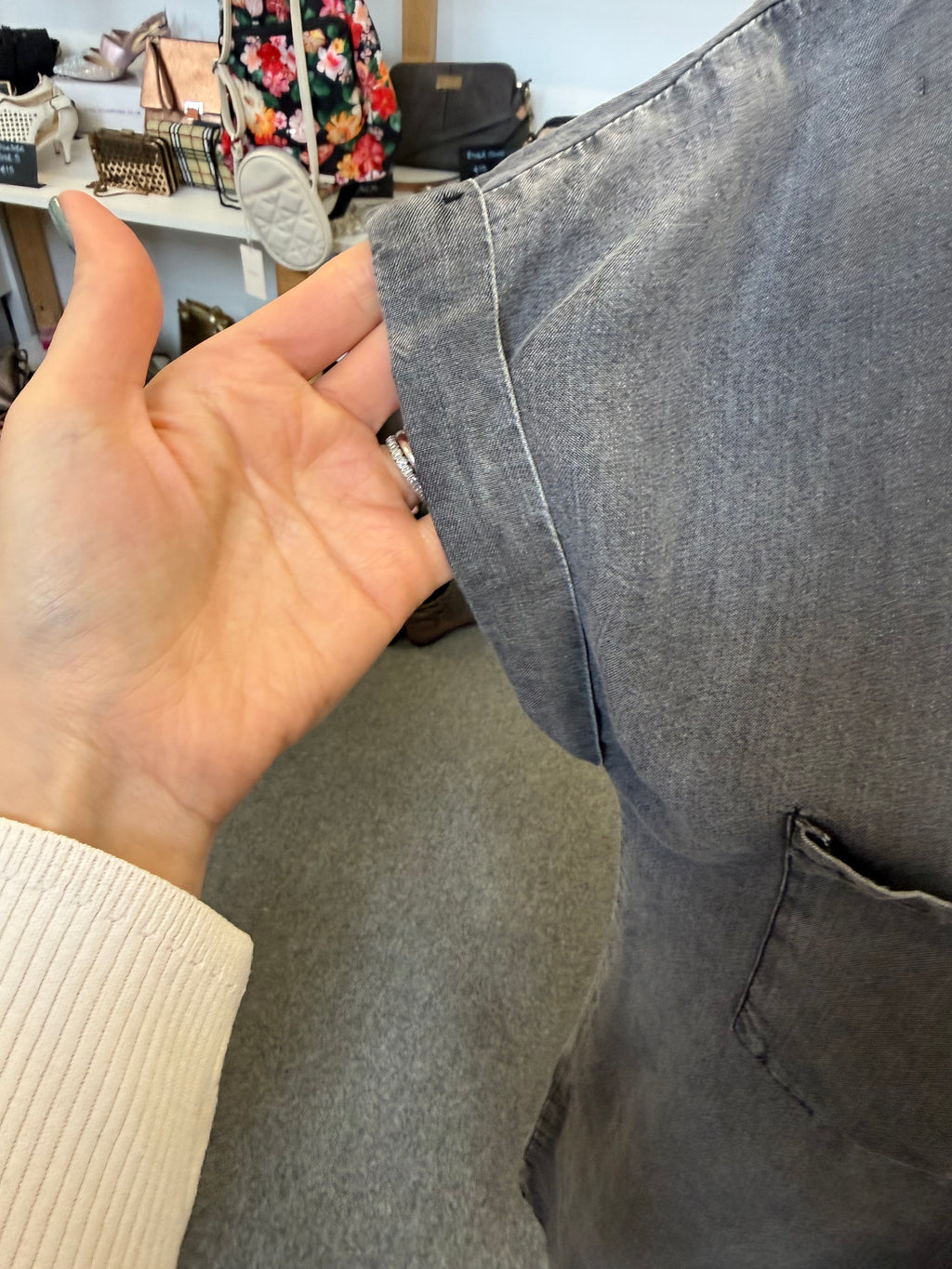 Zilcremo grey denim look short sleeve longline shirt