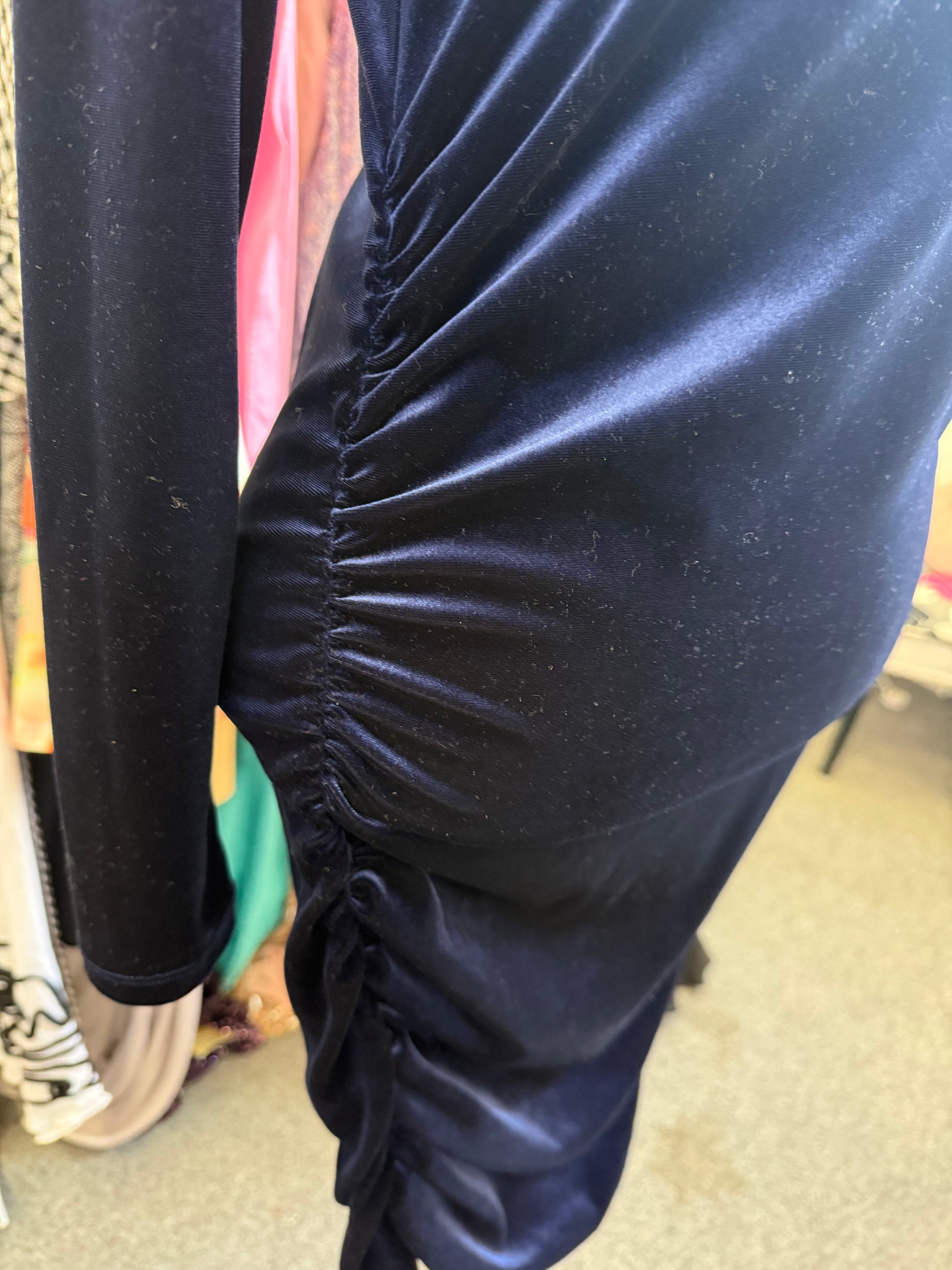 Michelle Keegan navy velor high neck long sleeved dress