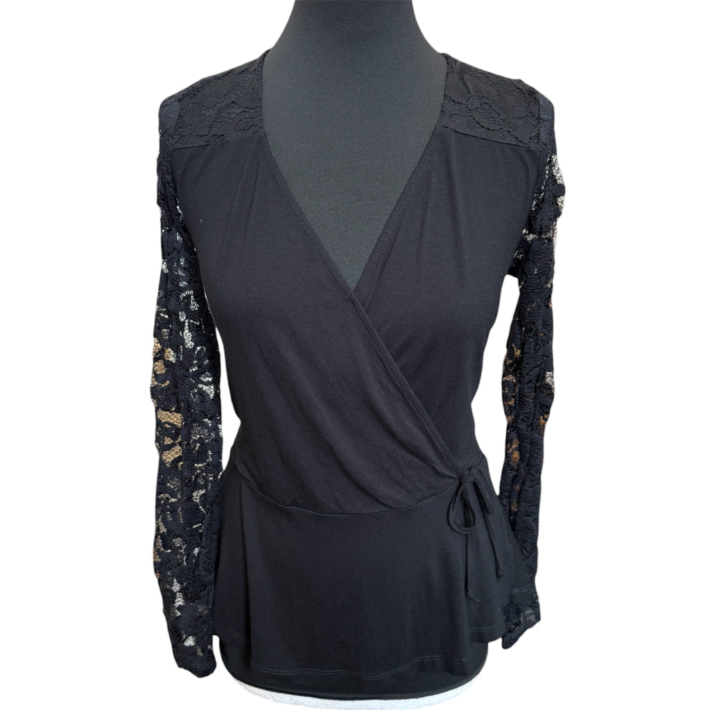 Lipsy black long lace sleeve peplum style wrap top