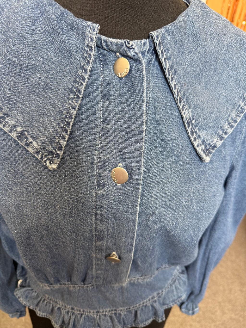 Sugar denim frill long sleeve peplum blouse