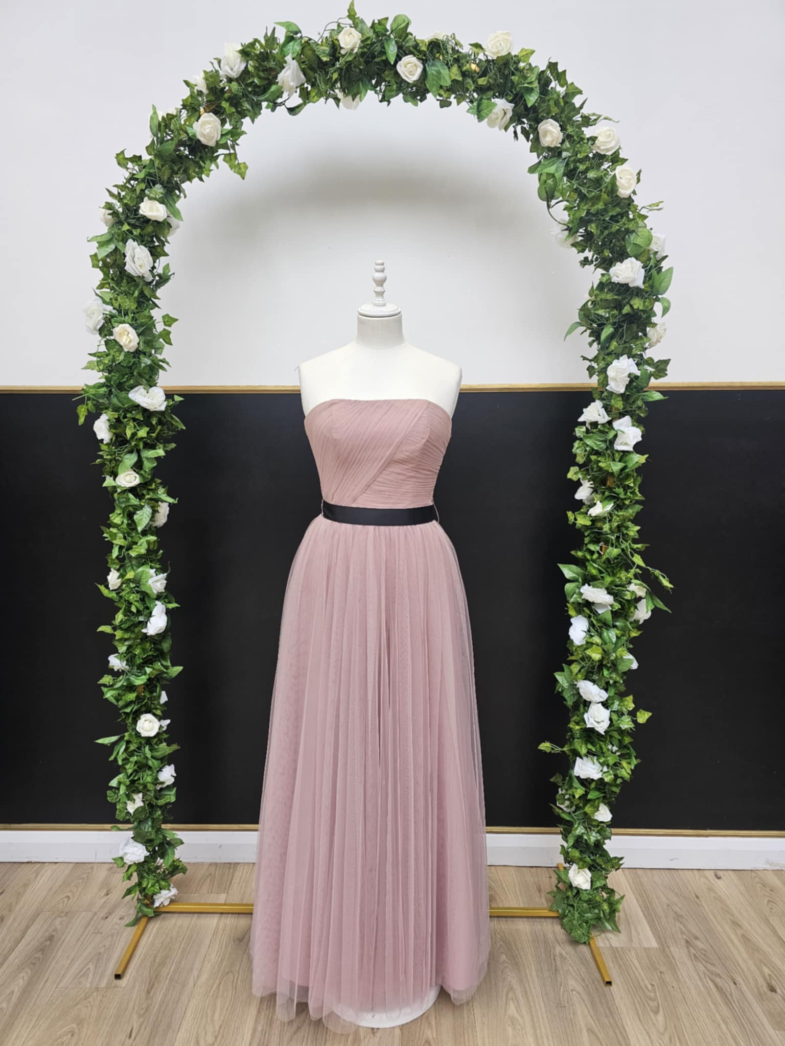 Pink strapless pleat full length dress