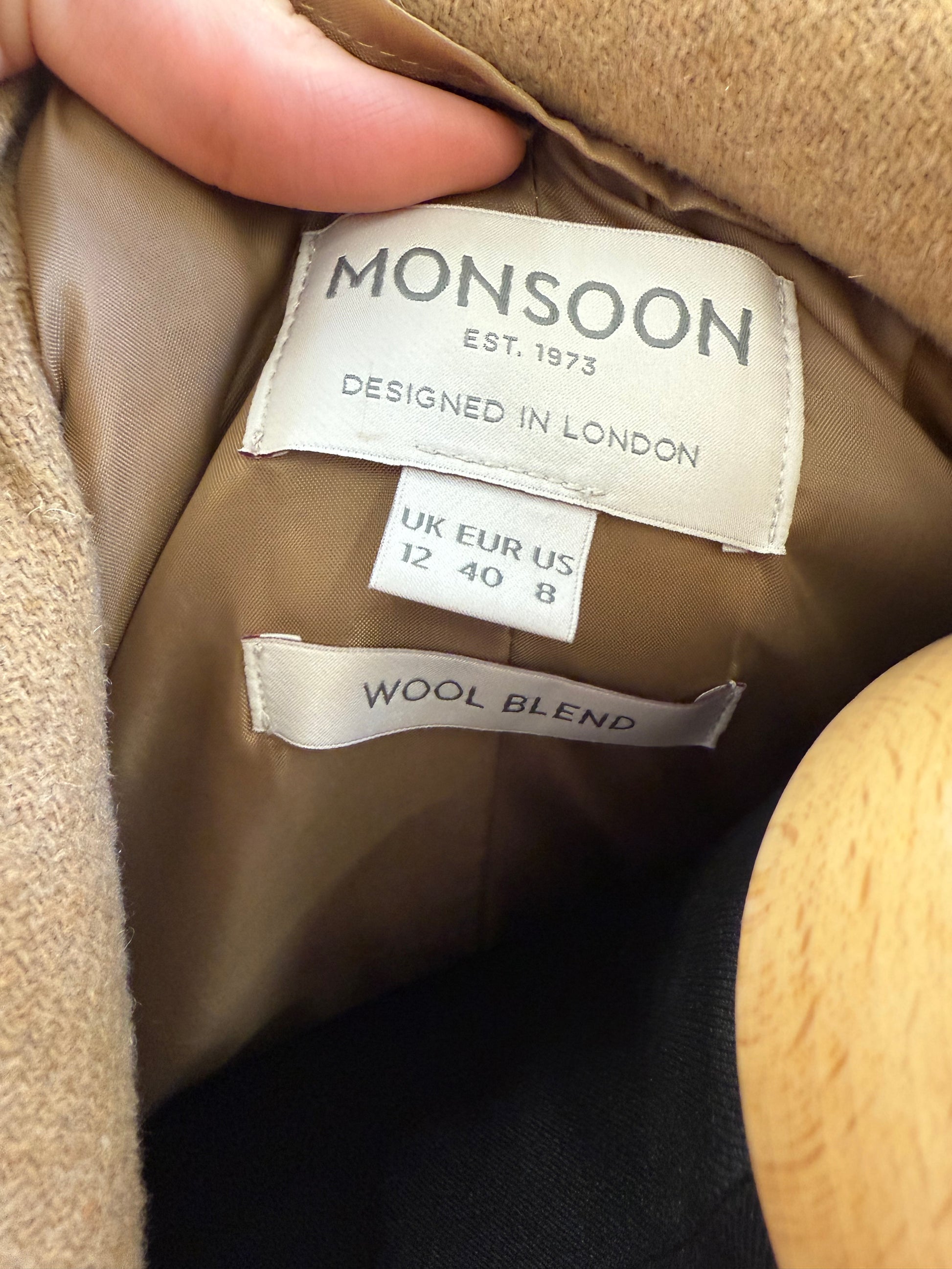 Monsoon beige collarless wool coat