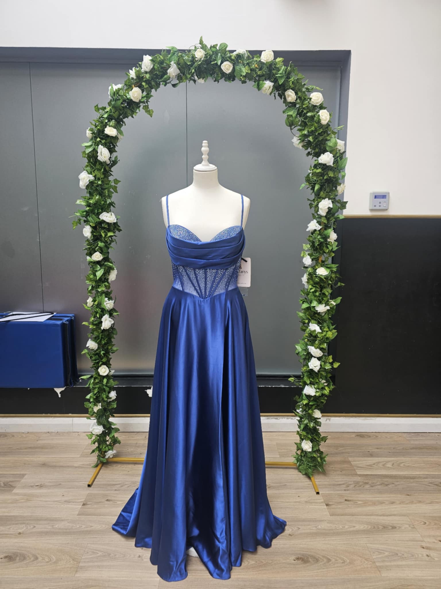 Blue boned full skirt dress with pockets