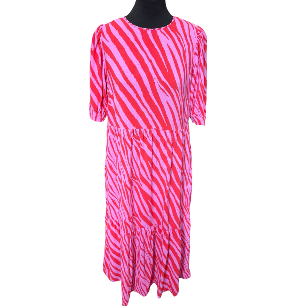 G21 red and pink animal print midi dress