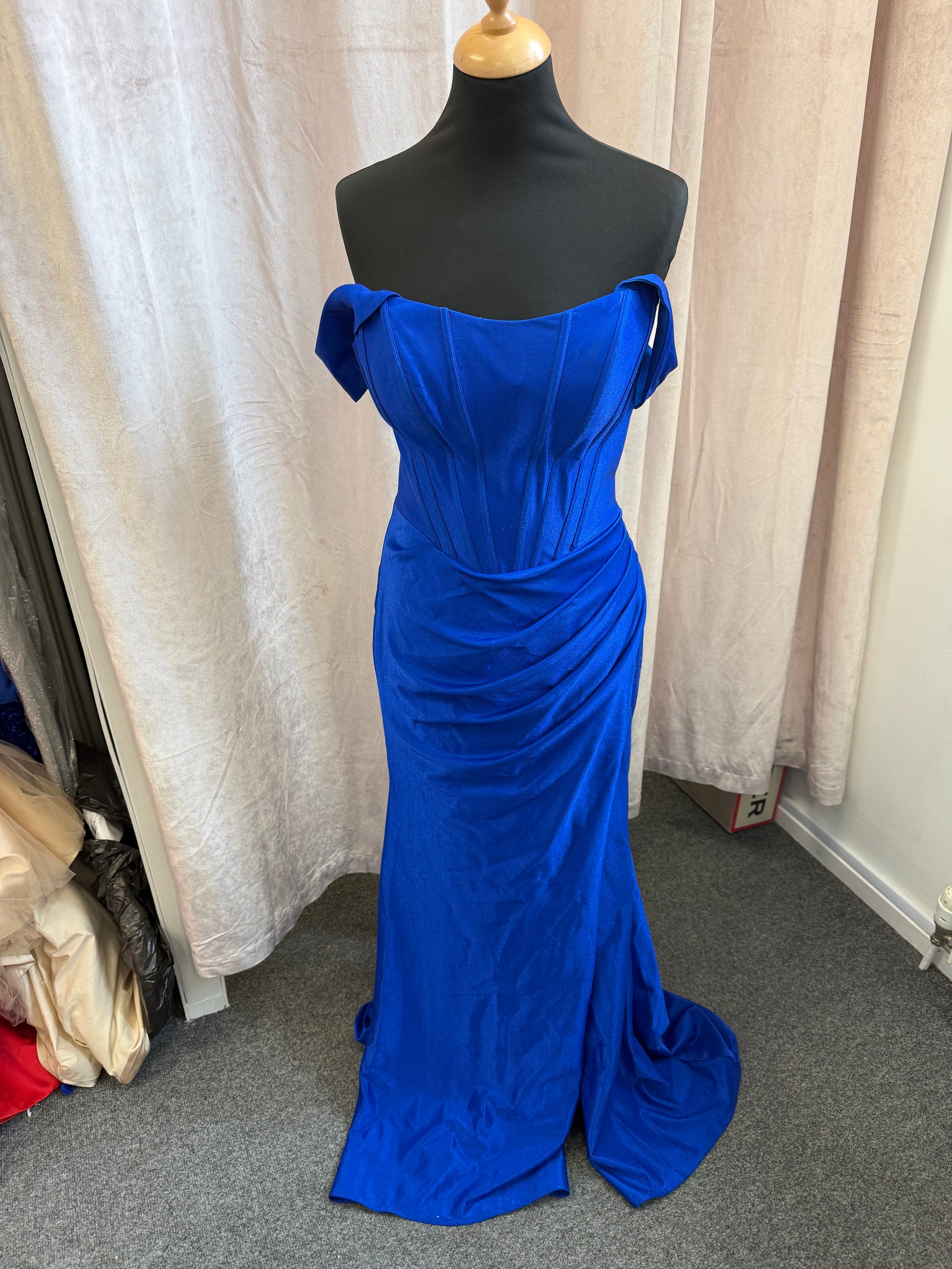 Royal blue boned top off the shoulder dress