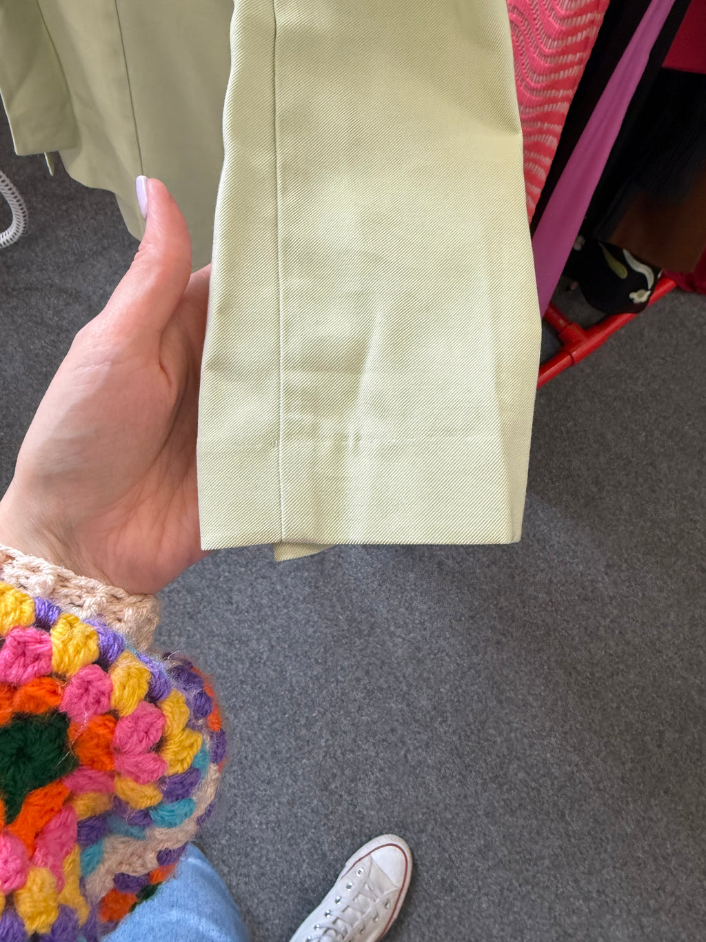 Pale green short suit with longline belted blazer