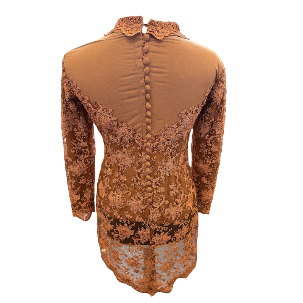 Bronze long sleeve button back embroidered long line top