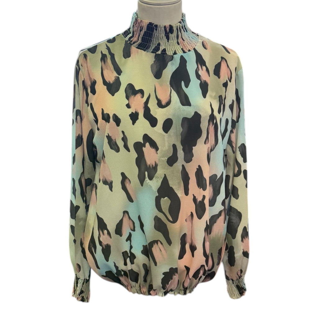 Animal print high neck long sleeved blouse