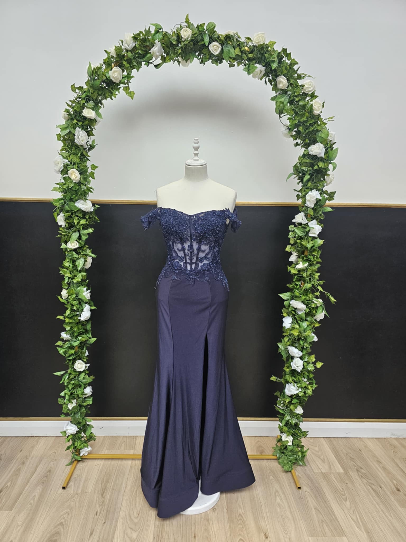 Navy off the shoulder boned top dress