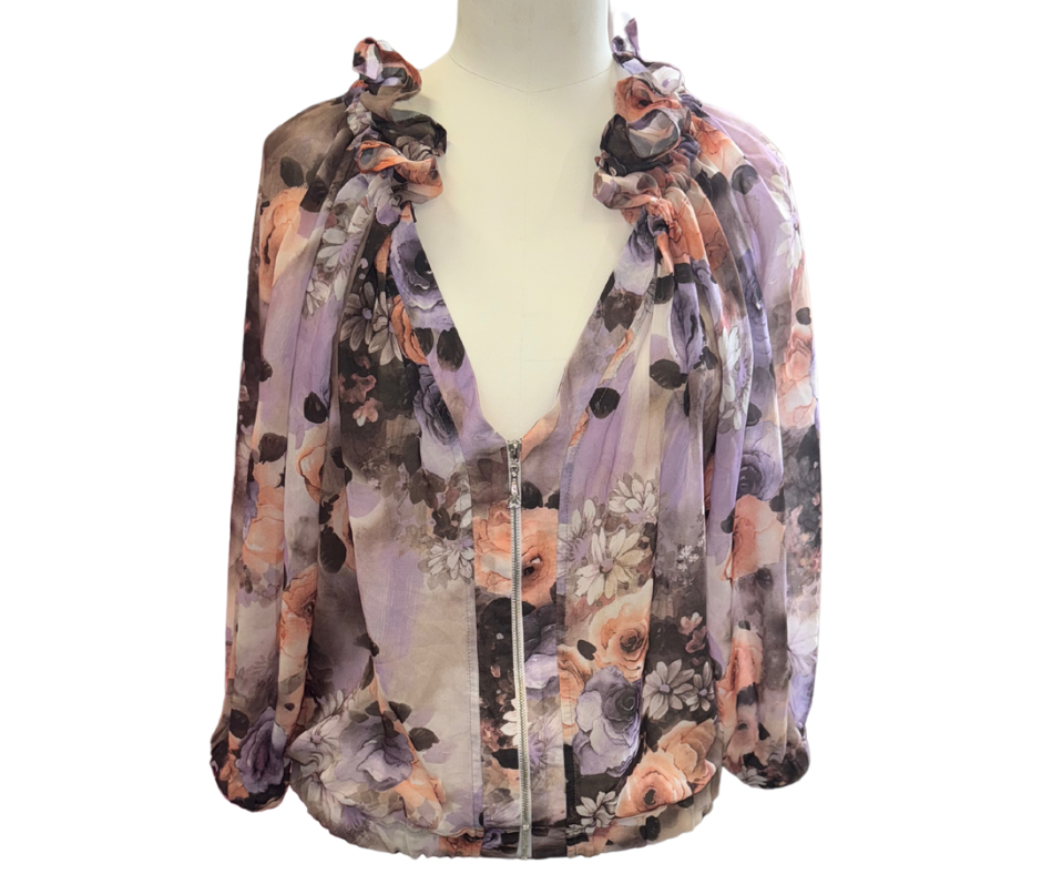 Floral frill neck zip fastening long sleeved top