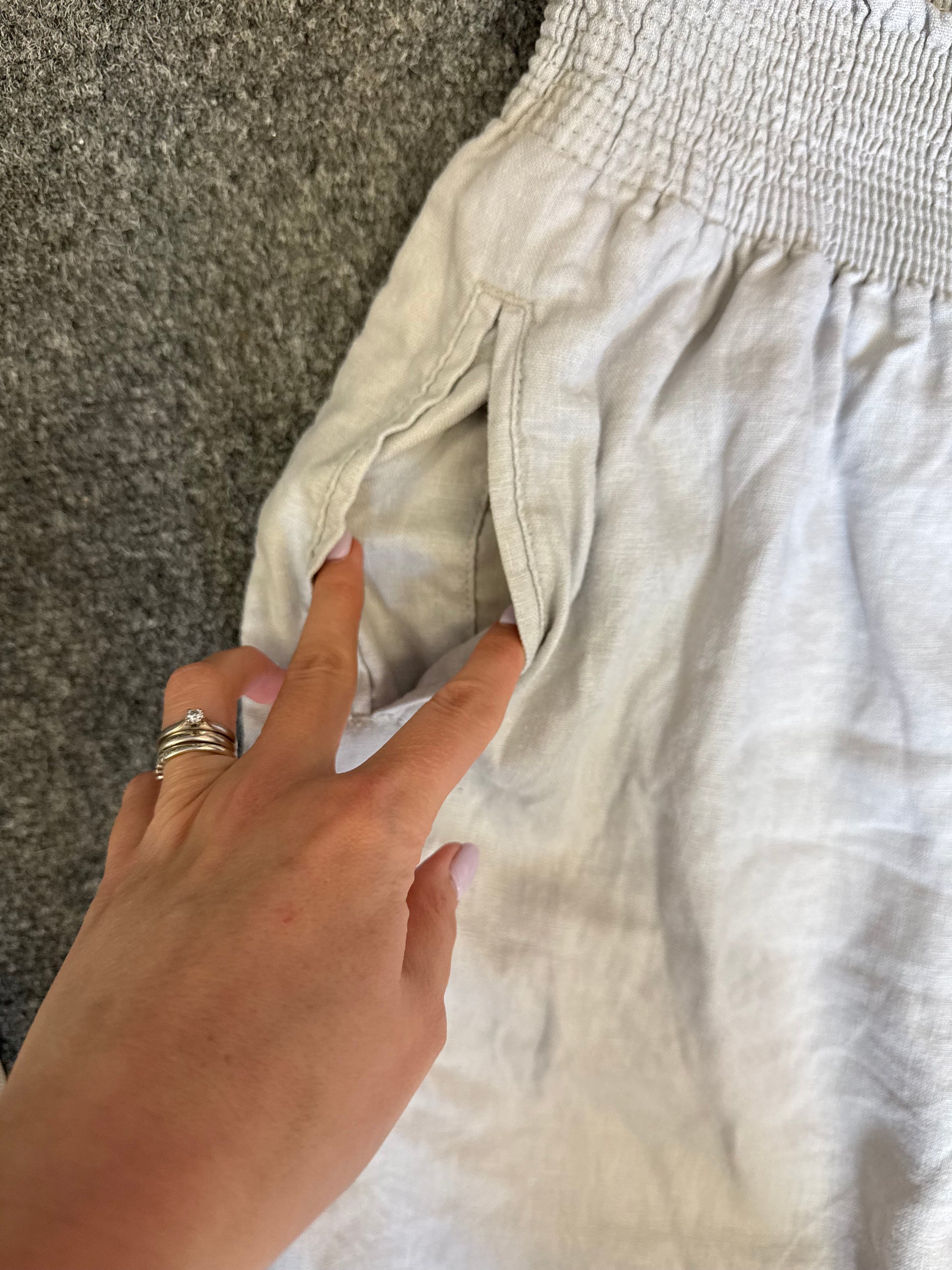 Very light grey high waisted wide leg crop linen trousers