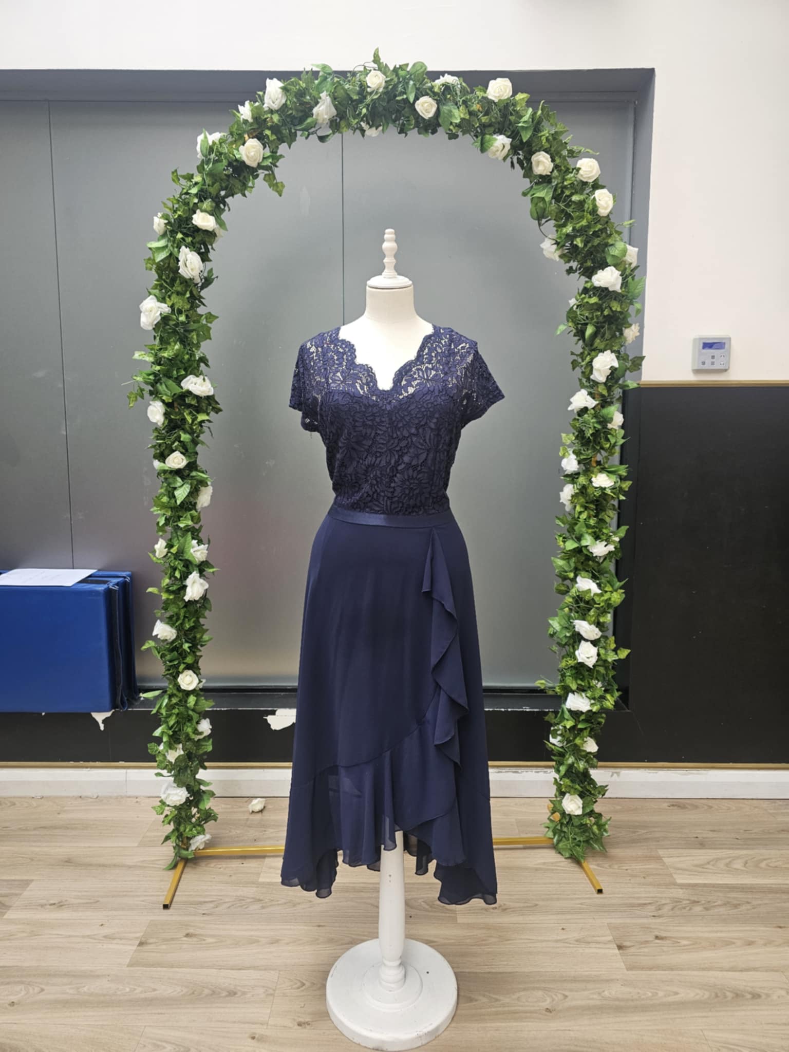 Navy lace midi occasion dress