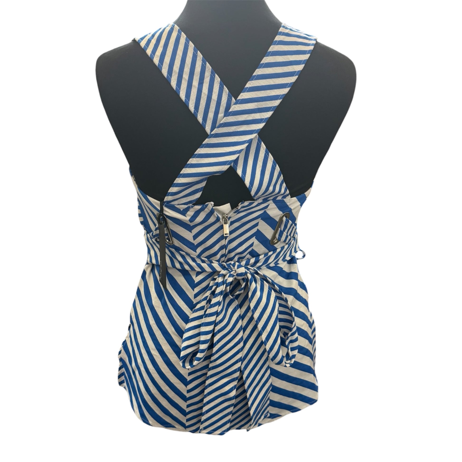 M&S blue and white stripe cross back strap linen top