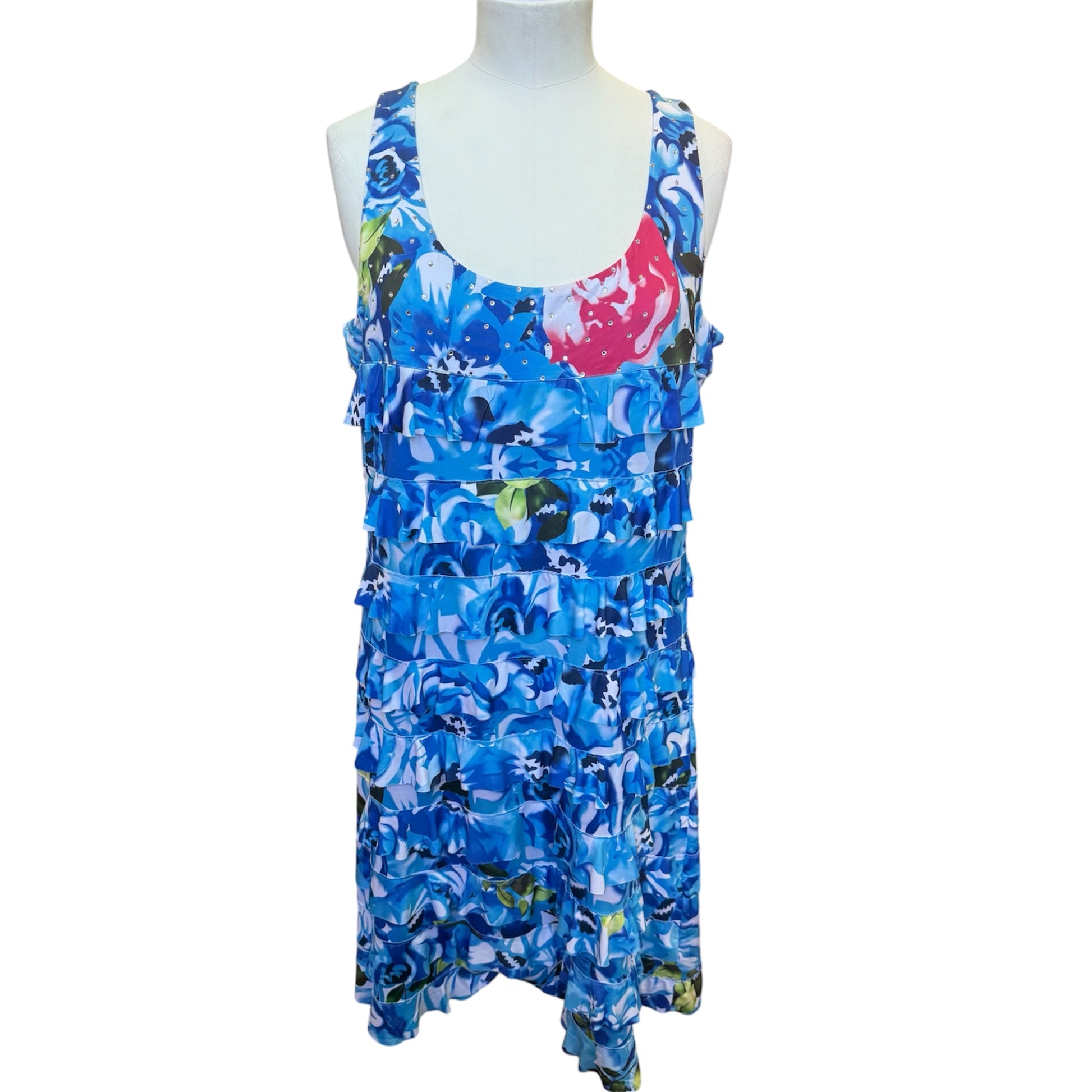 Al Paradise blue floral diamanté tier sleeveless dress