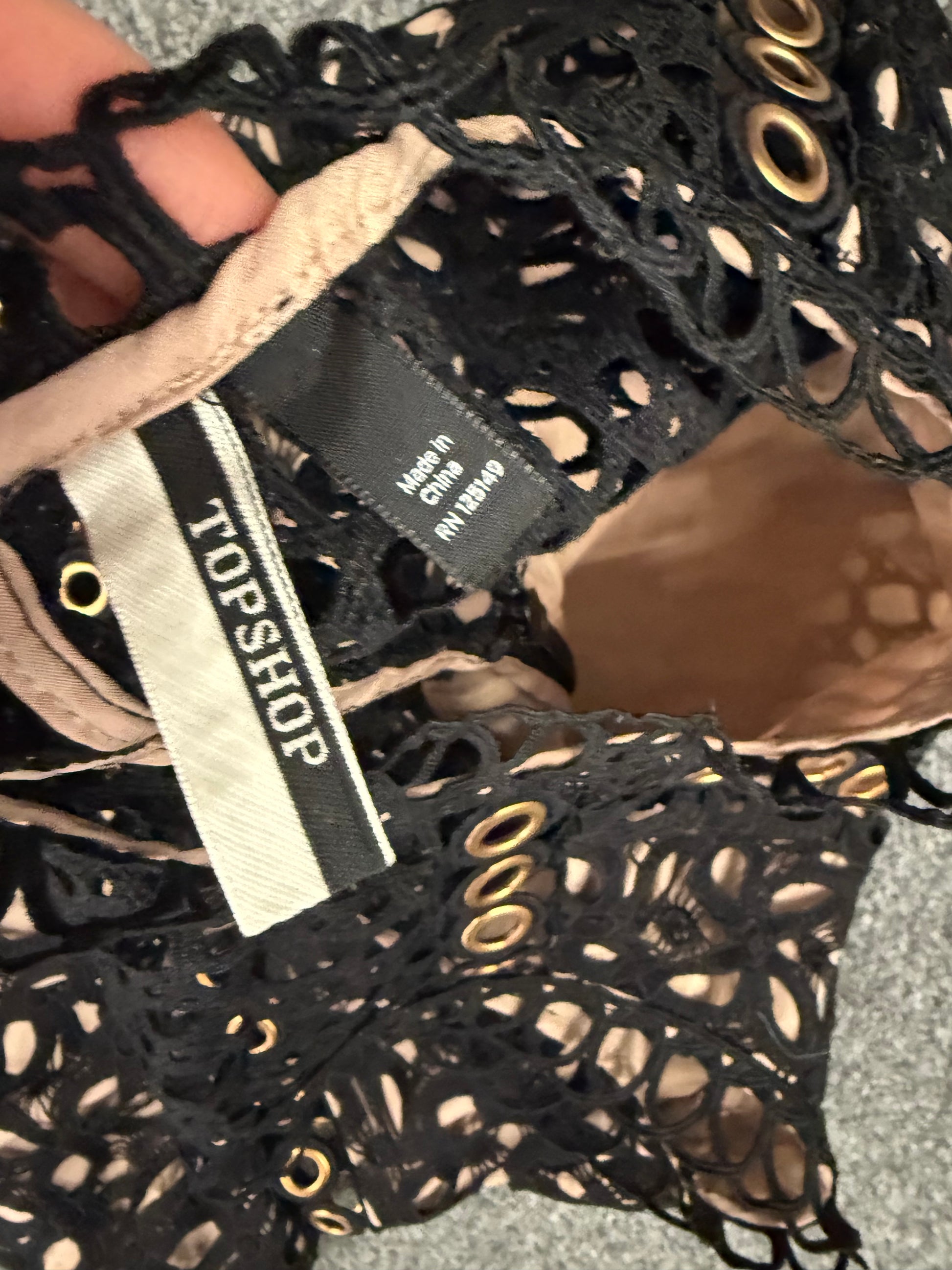 Topshop black crochet bronze hoop peplum top