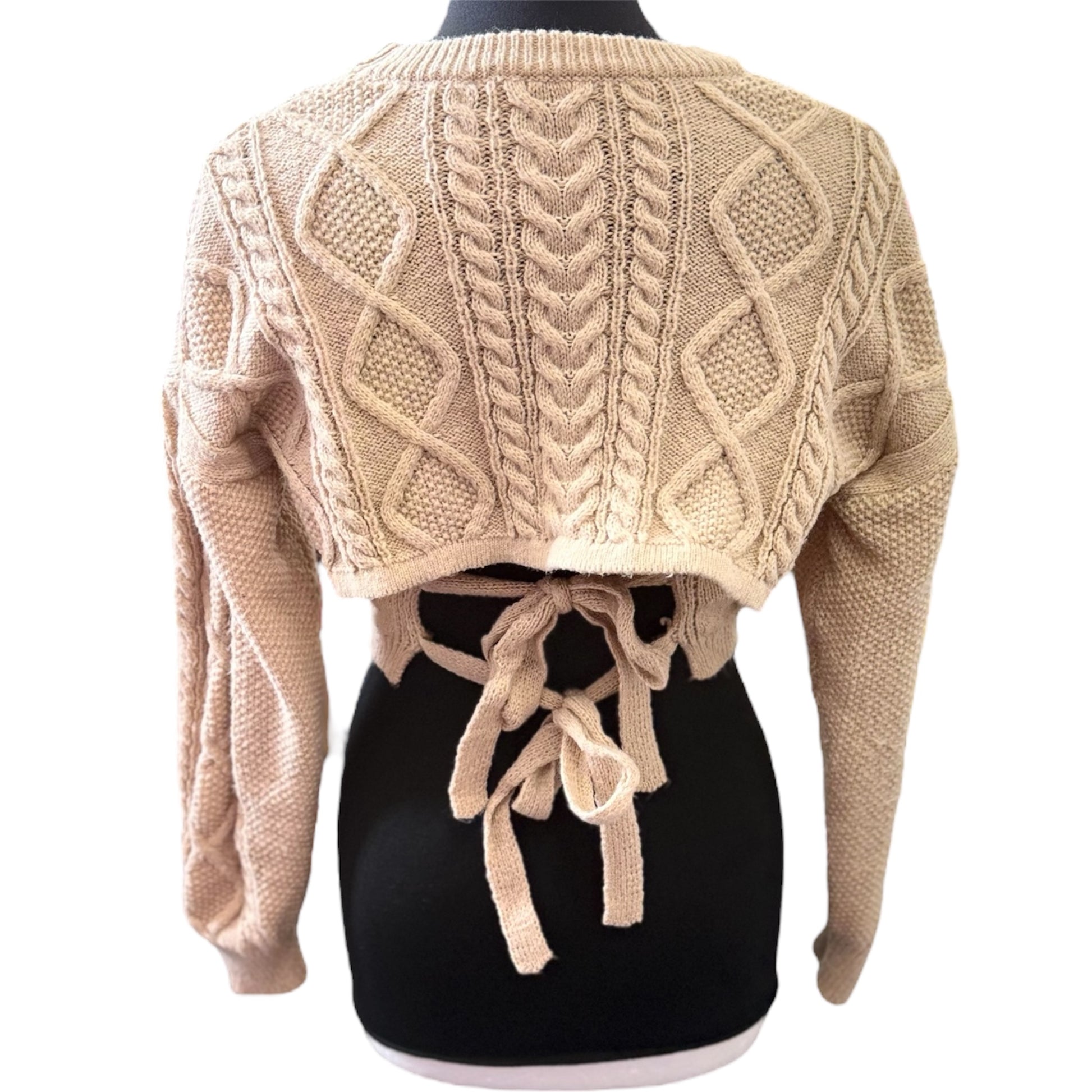 Cropped cable knit tie back jumper