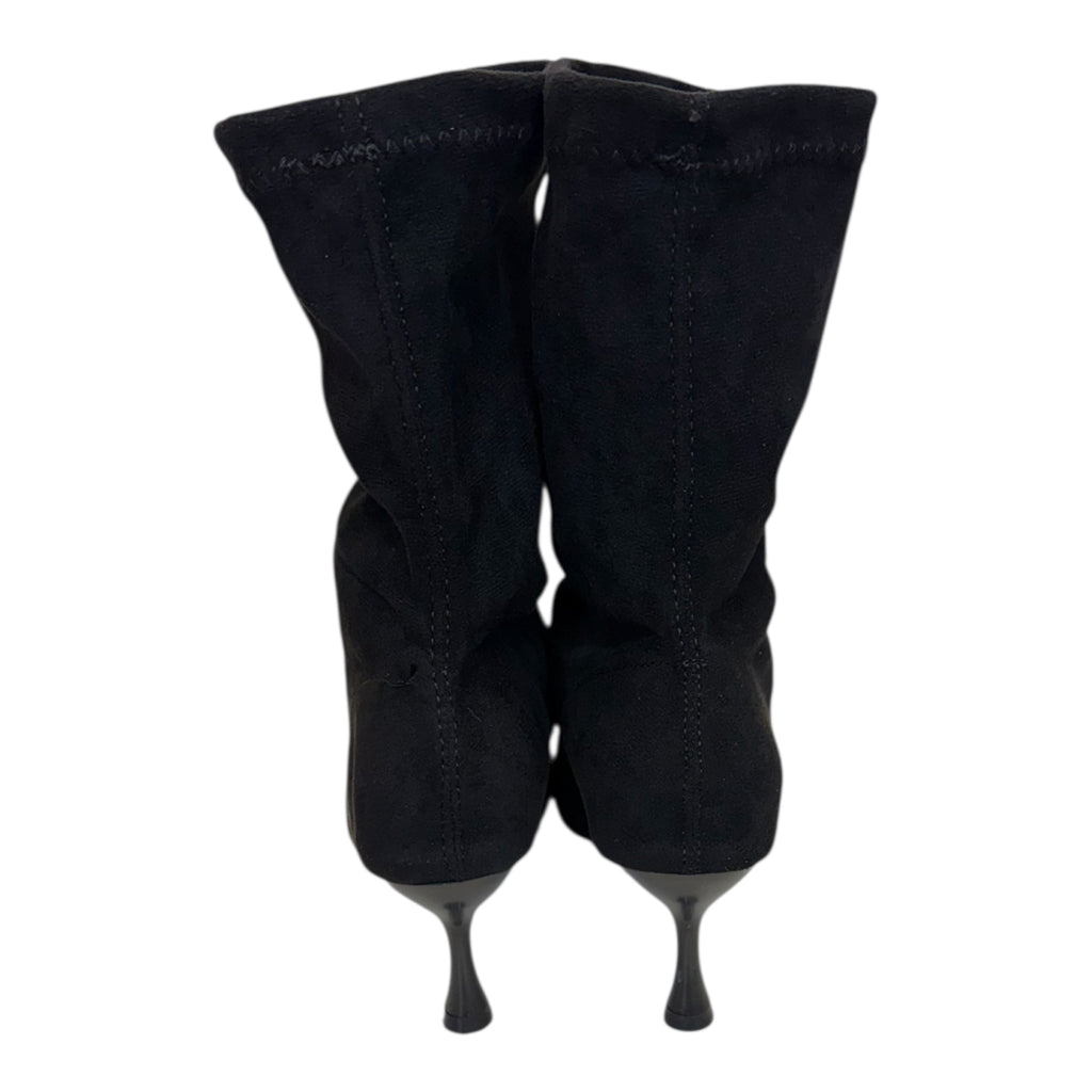 Black suede calf length heeled boots
