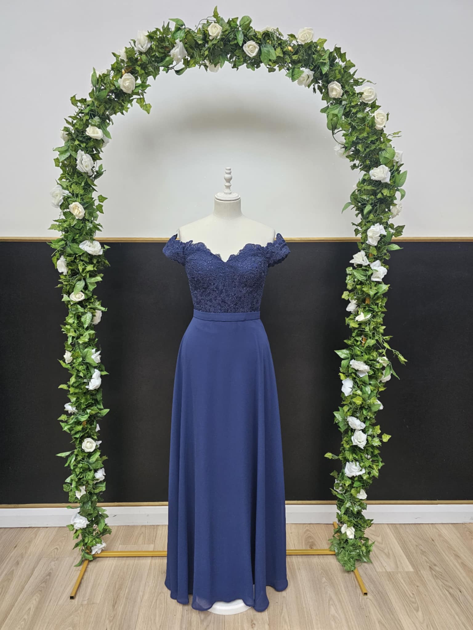Navy off the shoulder lace top dress
