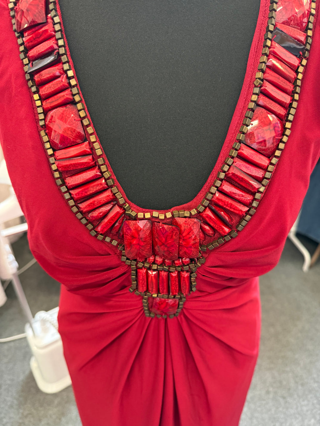 Phase Eight red bead detail full length dress