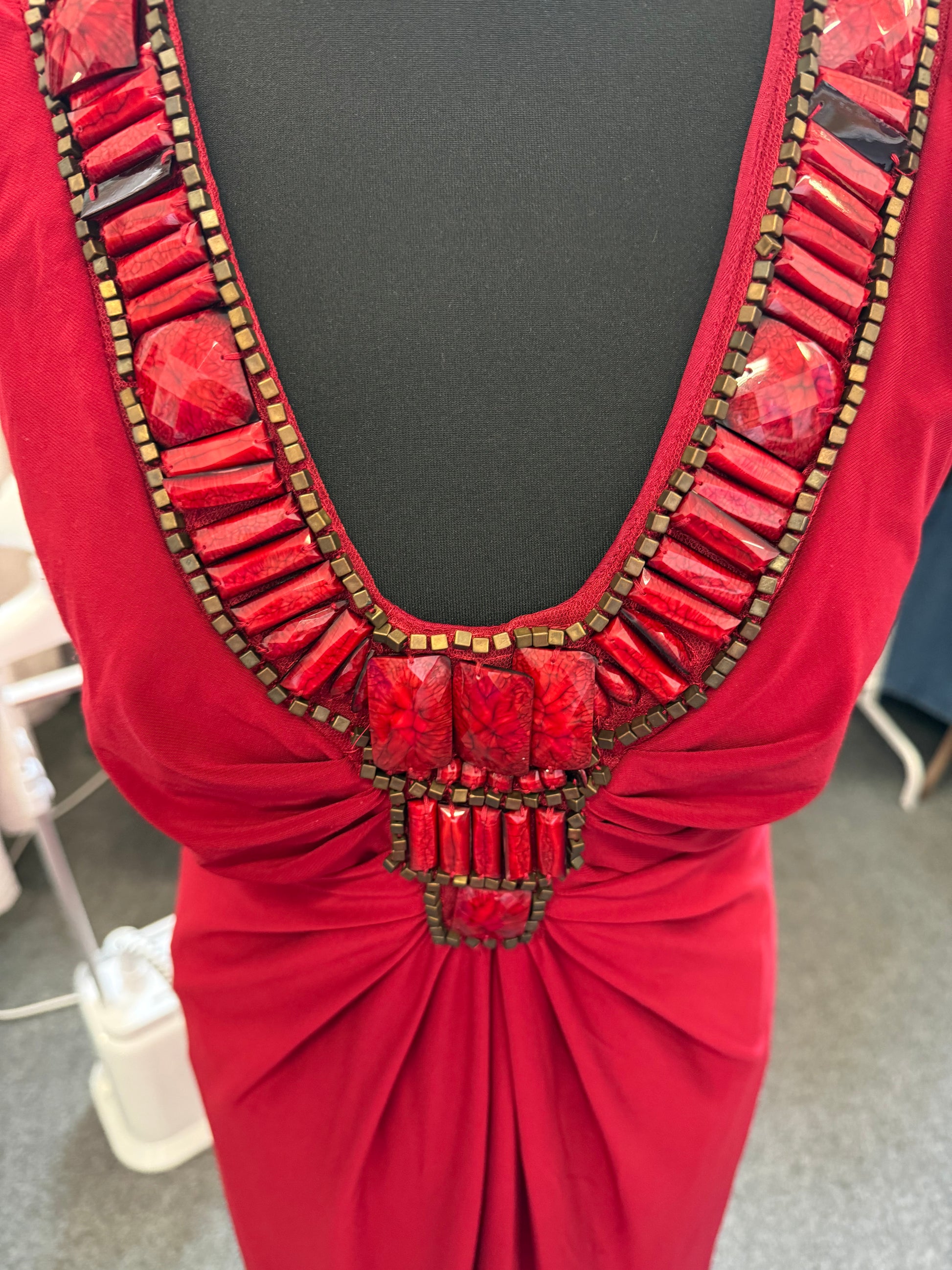 Phase Eight red bead detail full length dress