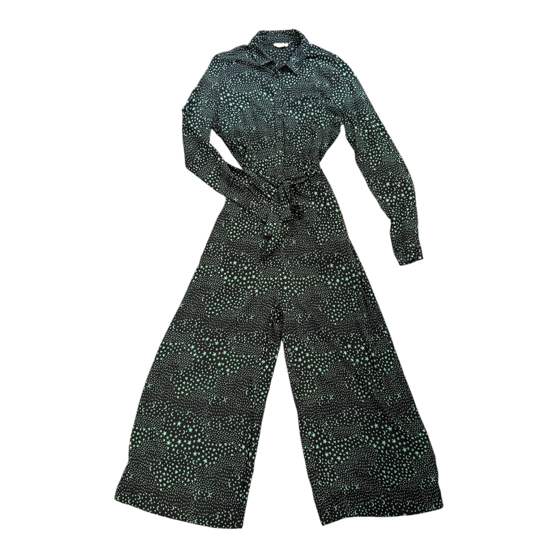 Sugarhill moon and stairs long sleeved belted wide leg jumpsuit
