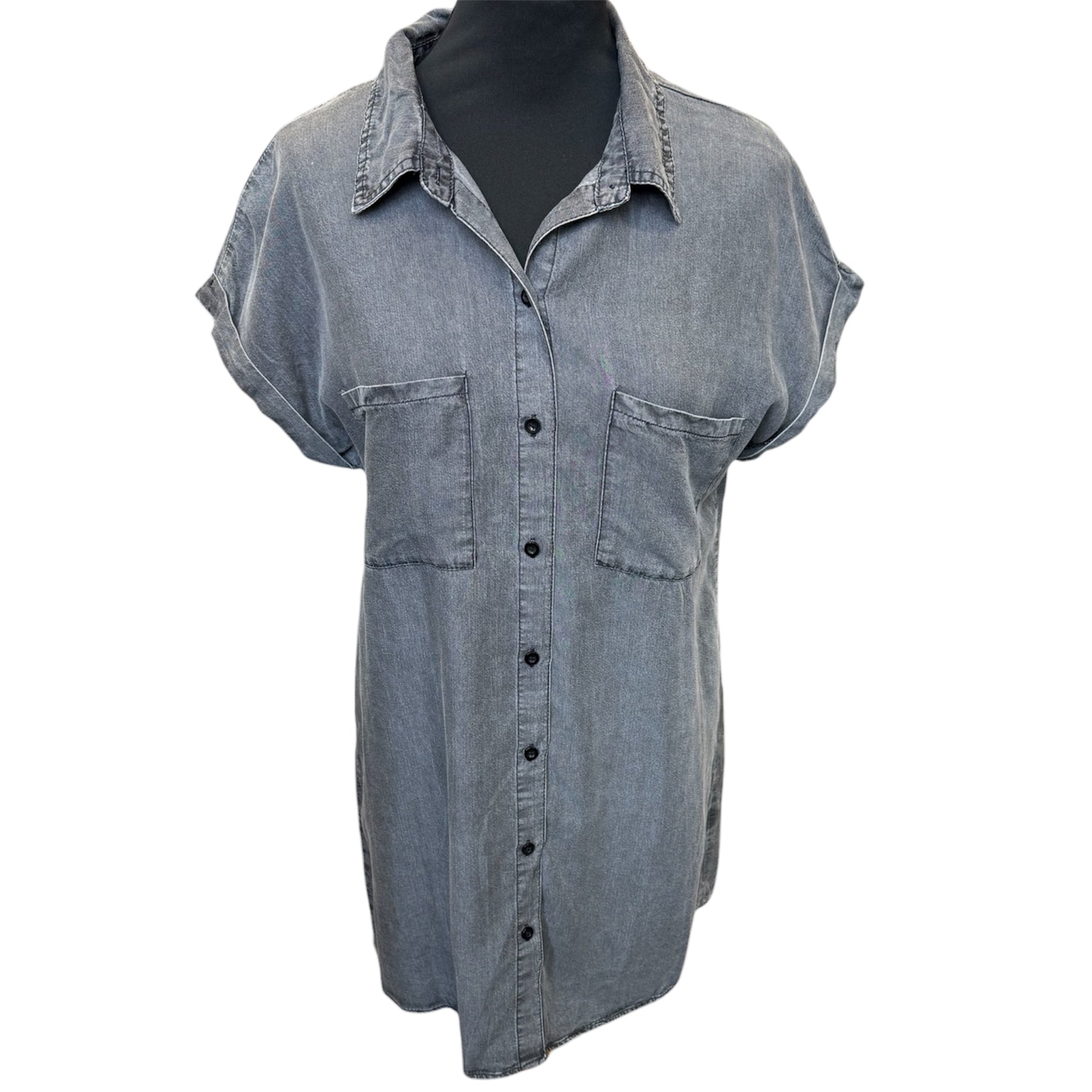 Zilcremo grey denim look short sleeve longline shirt