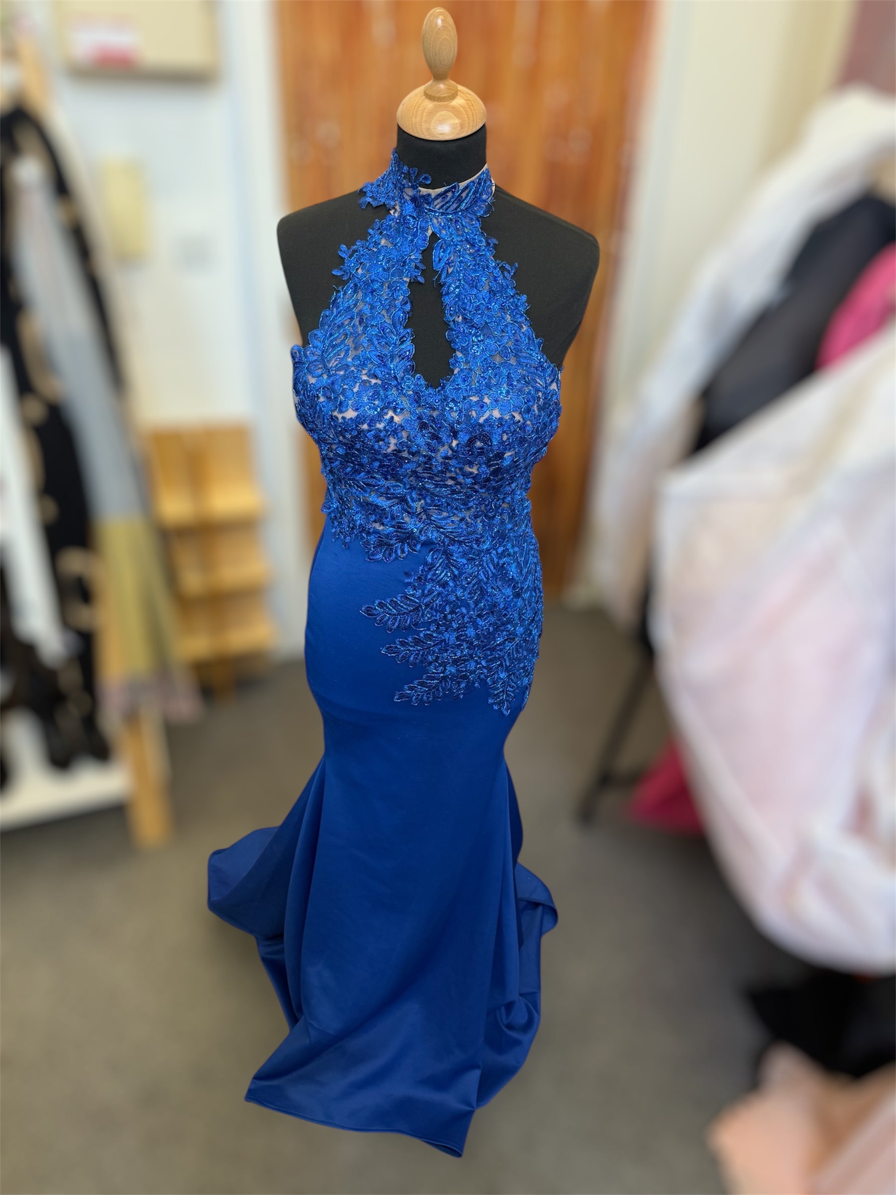 Blue custom made lace high neck fishtail dress - Size 8
