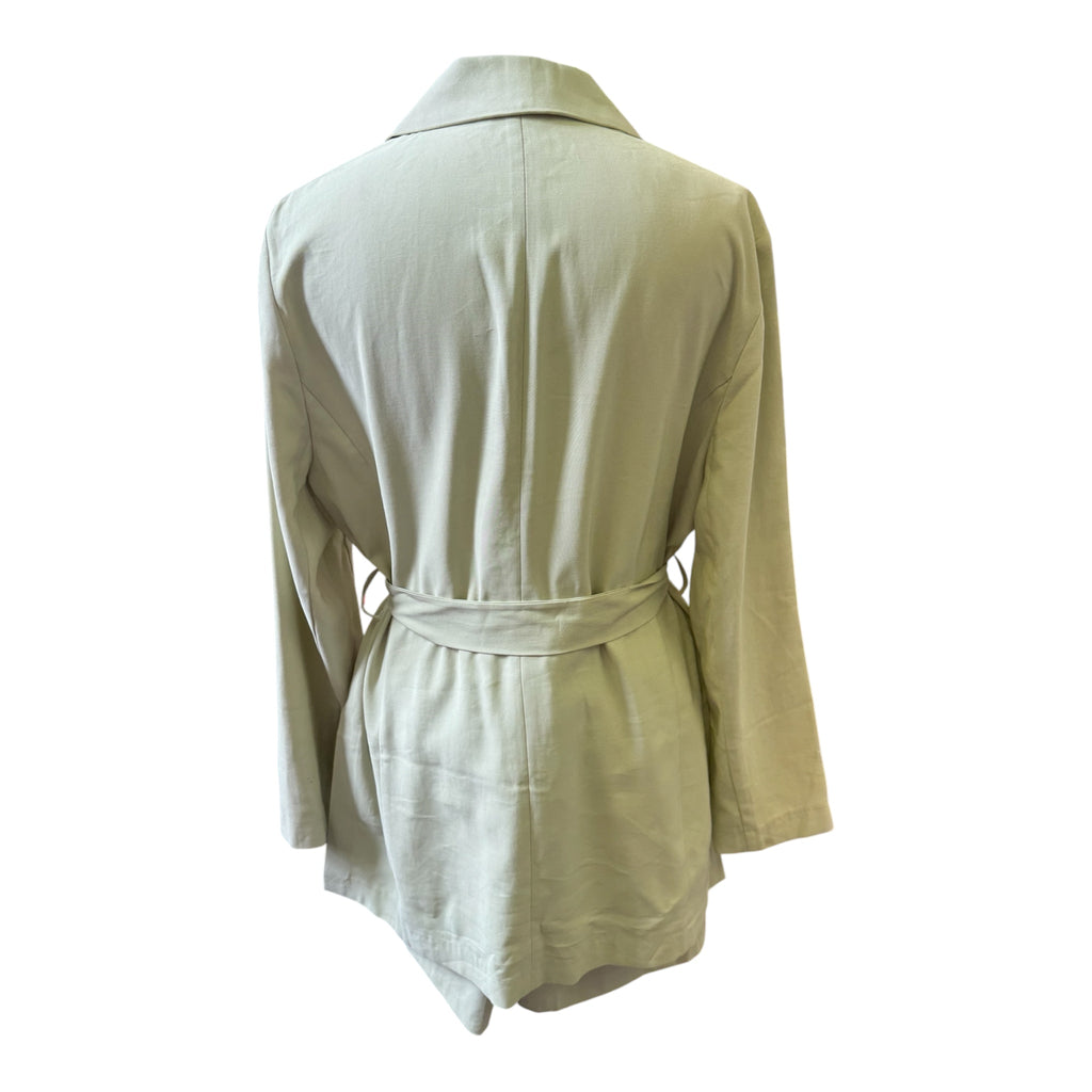 Pale green short suit with longline belted blazer