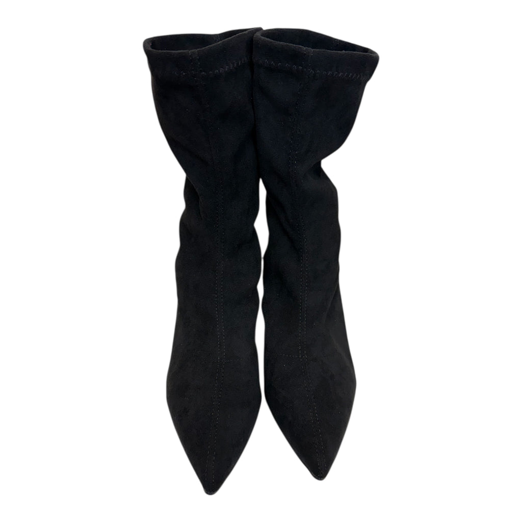 Black suede calf length heeled boots