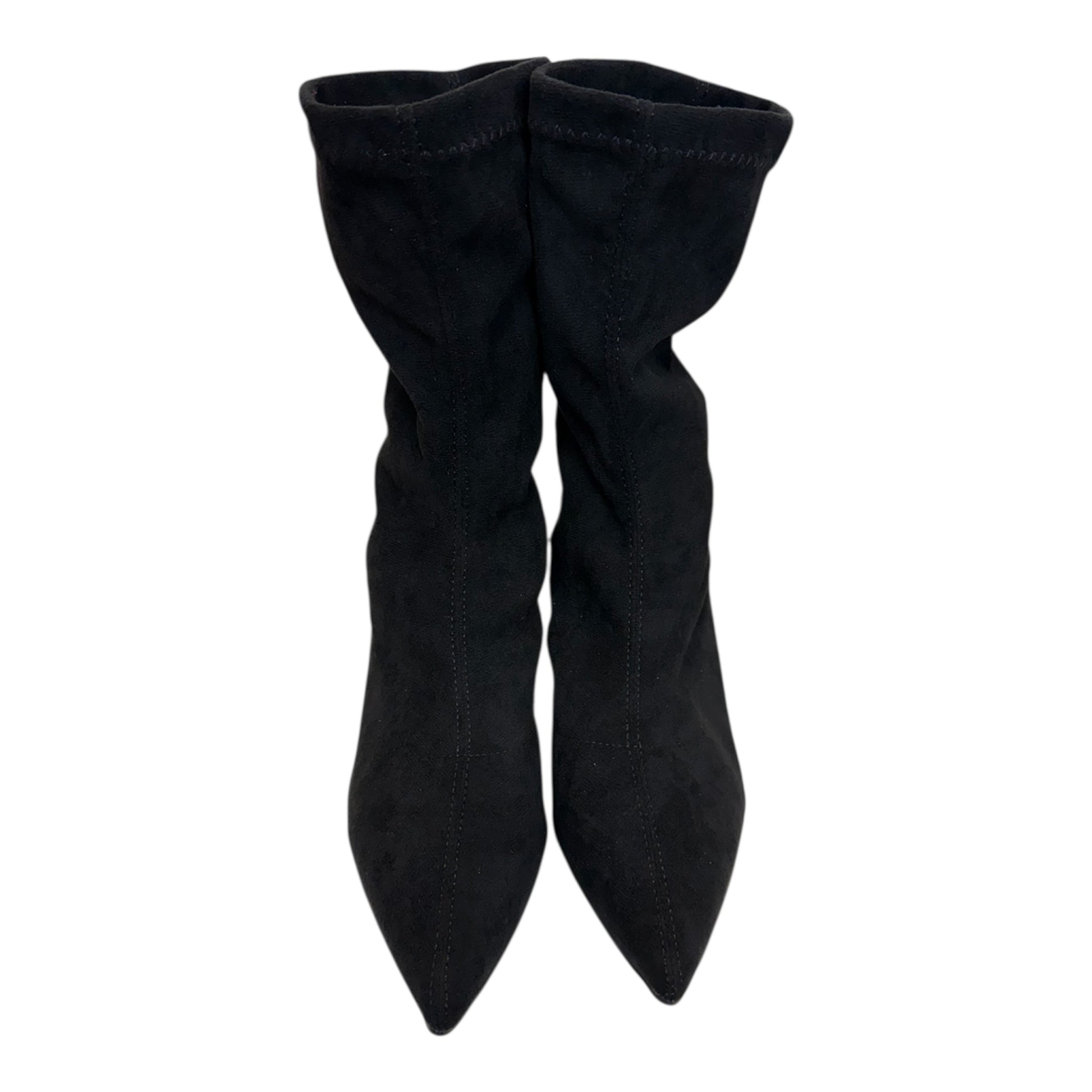Black suede calf length heeled boots