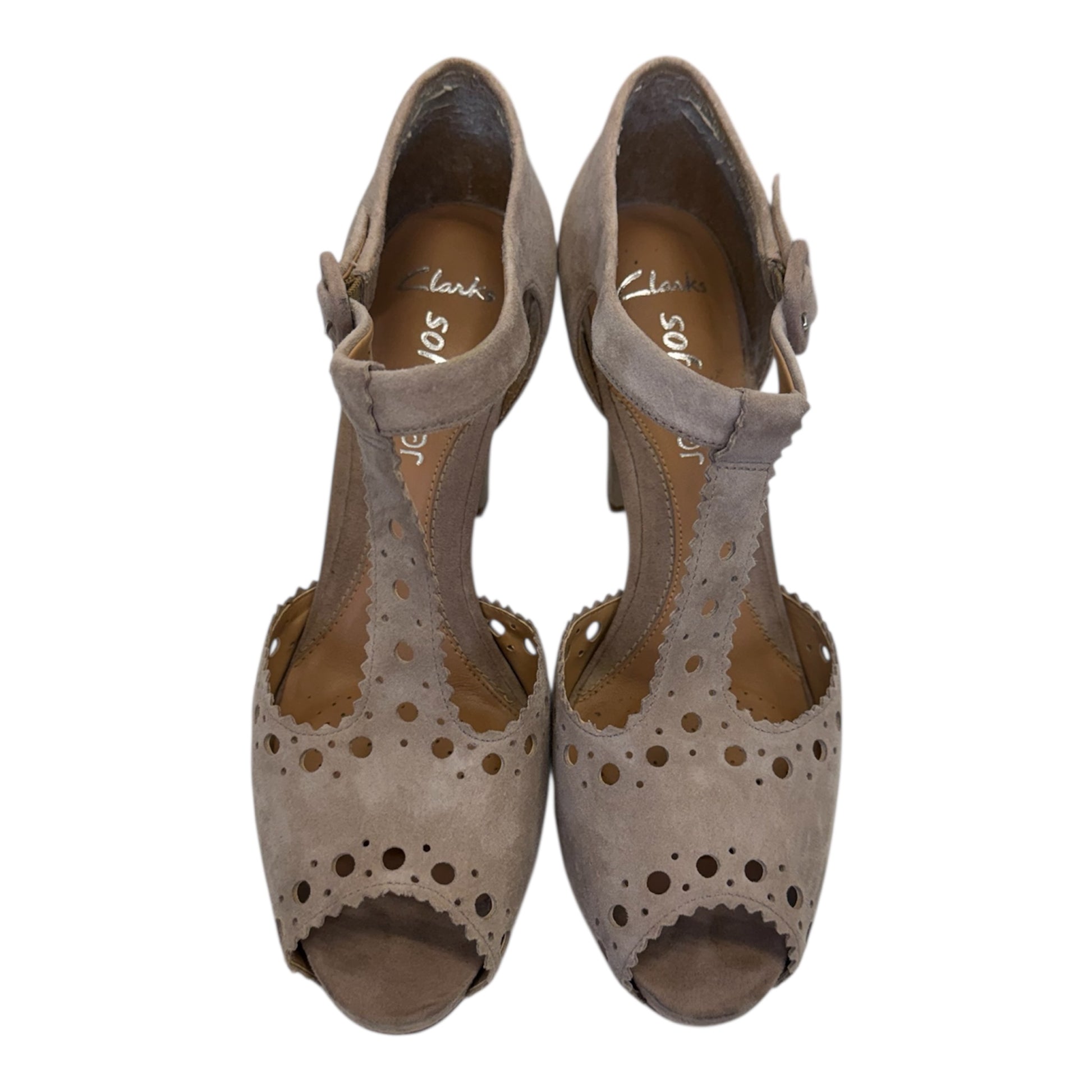 Clark’s taupe peep toe t-bar heels