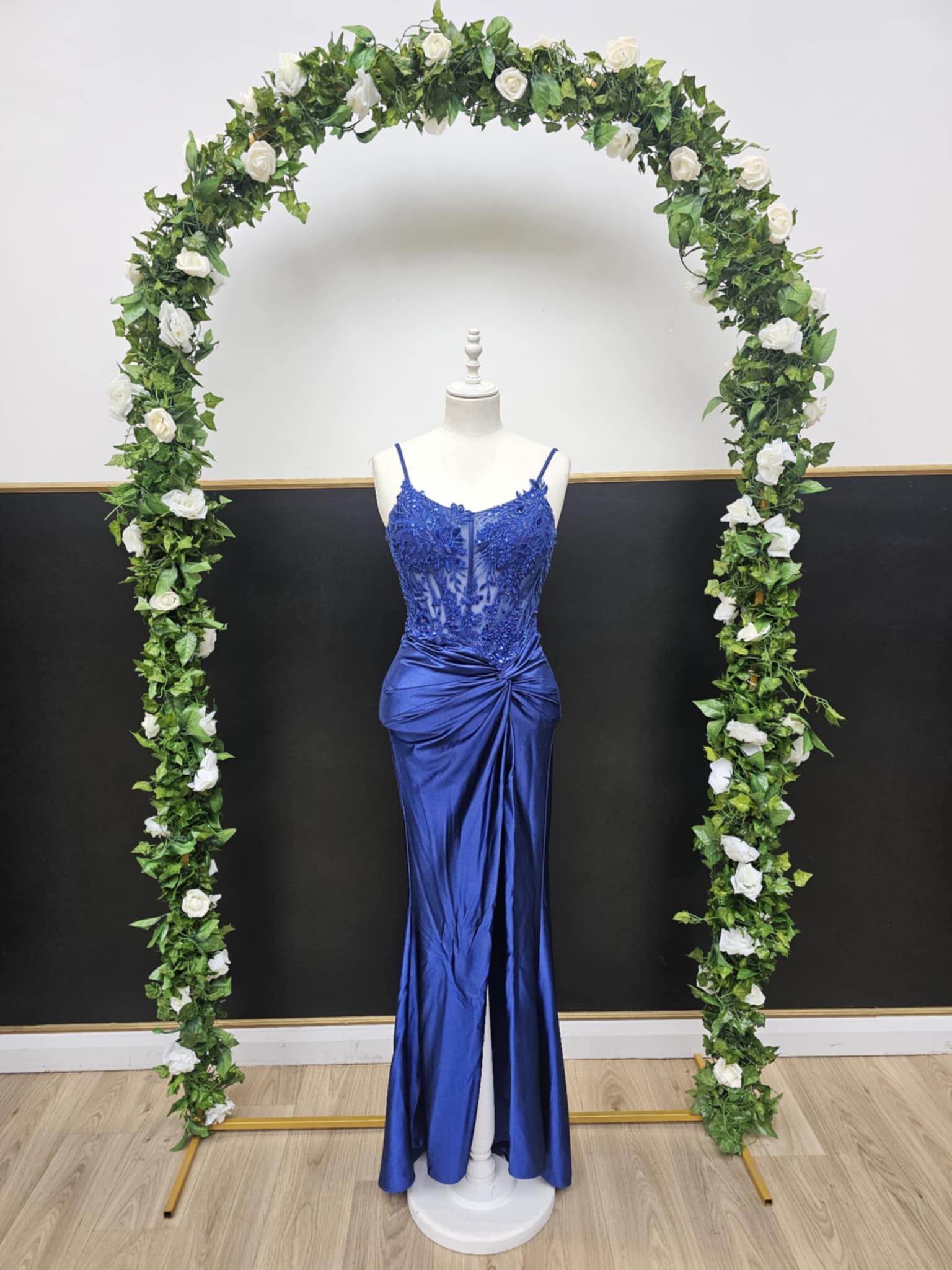 Royal blue embroidered top rusche dress