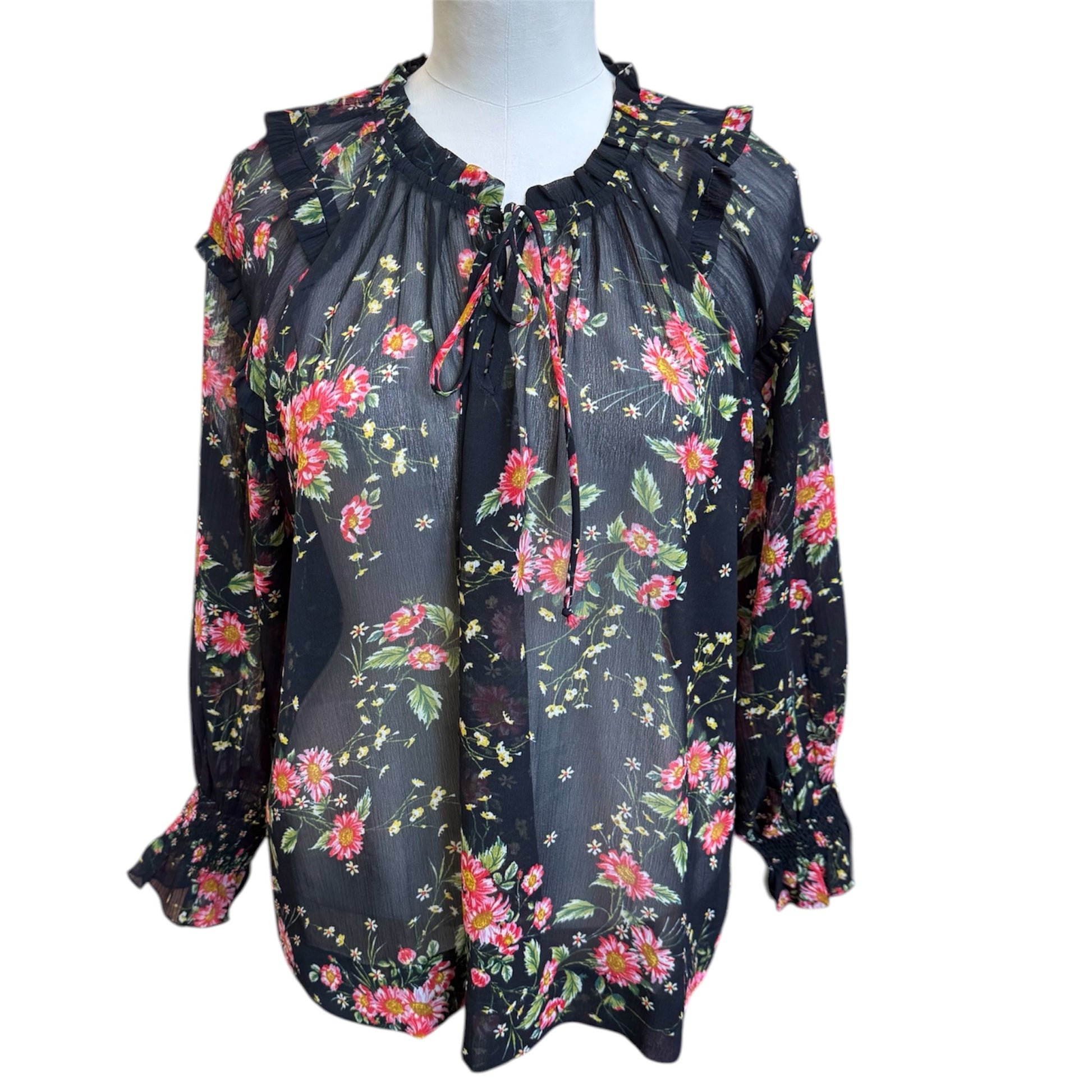 Friends Like These sheer floral high neck tie blouse