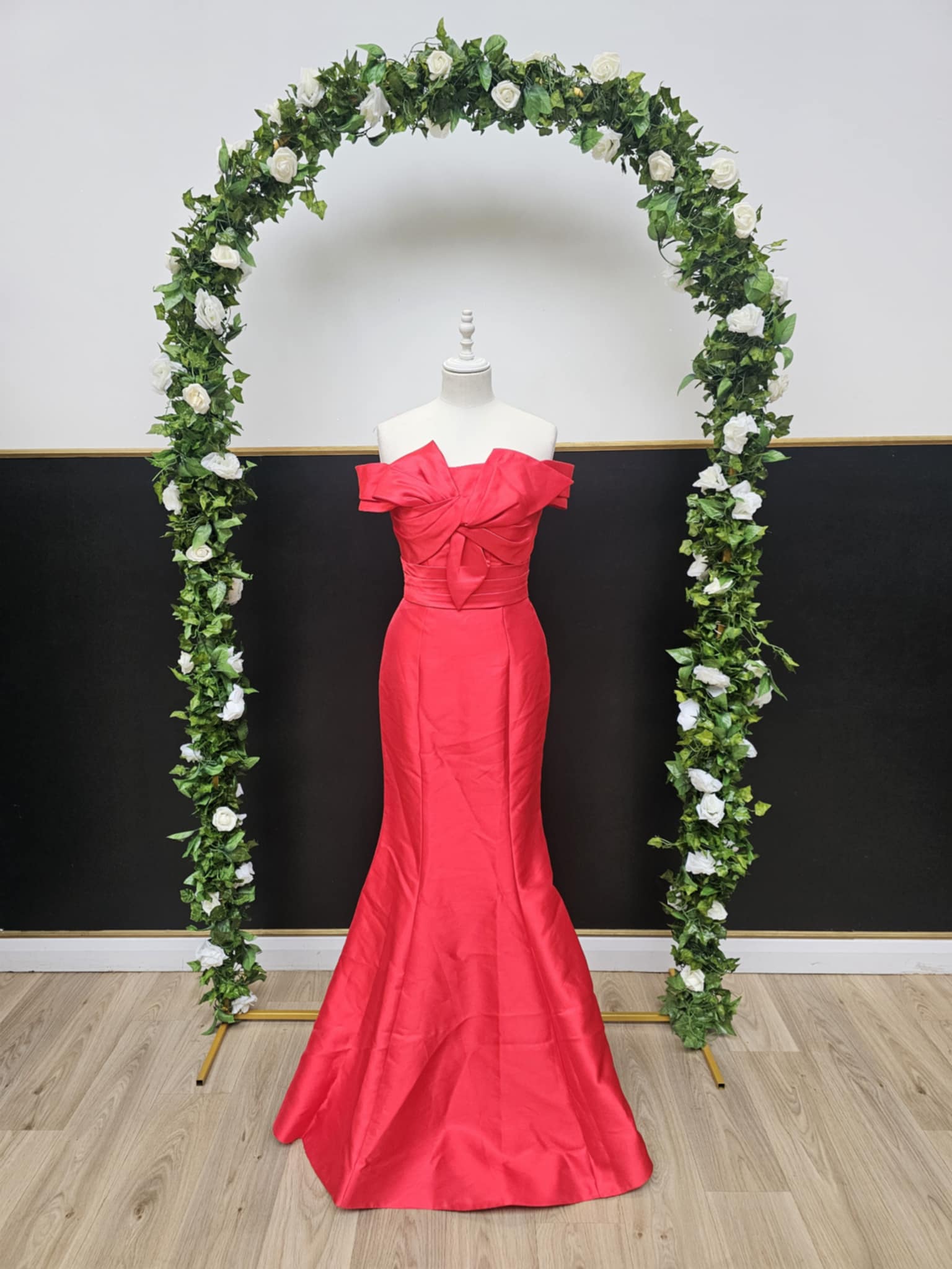 Red bow off the shoulder dress